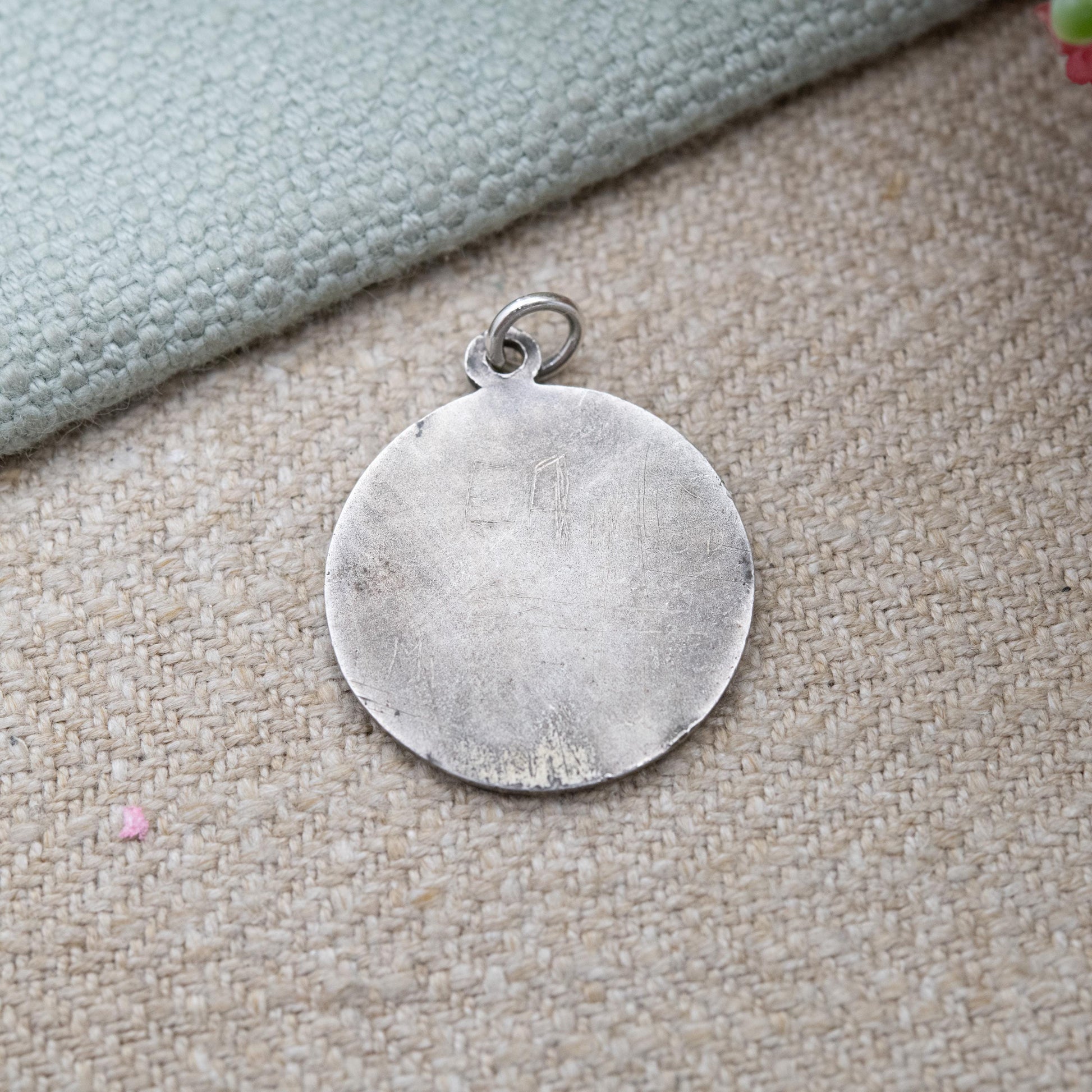 Vintage Sterling Silver St. Christopher Pendant - Embossed Relief Textured Background | Geometric Circle Border | Saint of Travelling