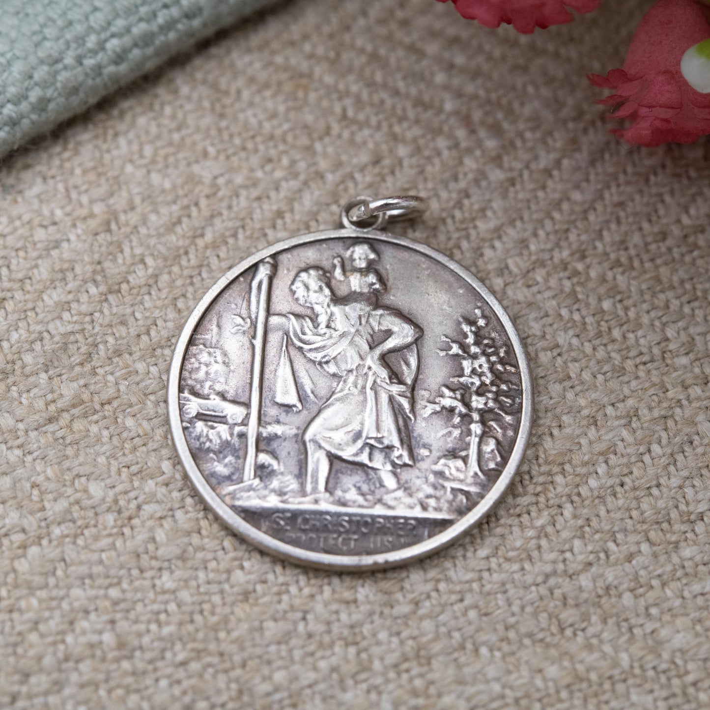 Vintage Sterling Silver St. Christopher Pendant - Embossed Relief and Textured Landscape | Saint of Travelling | Gift for Charm Bracelet