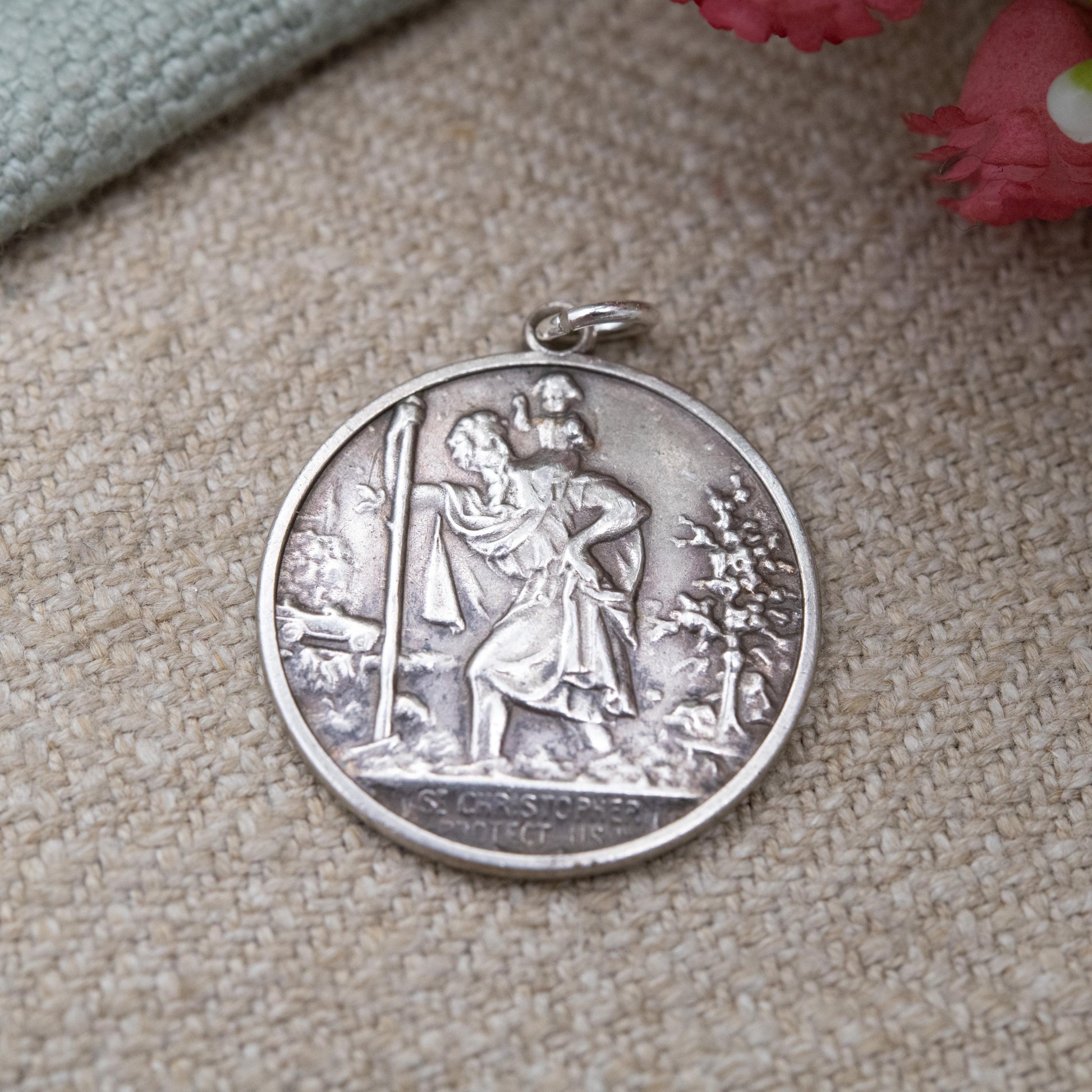 Vintage Sterling Silver St. Christopher Pendant - Embossed Relief and Textured Landscape | Saint of Travelling | Gift for Charm Bracelet