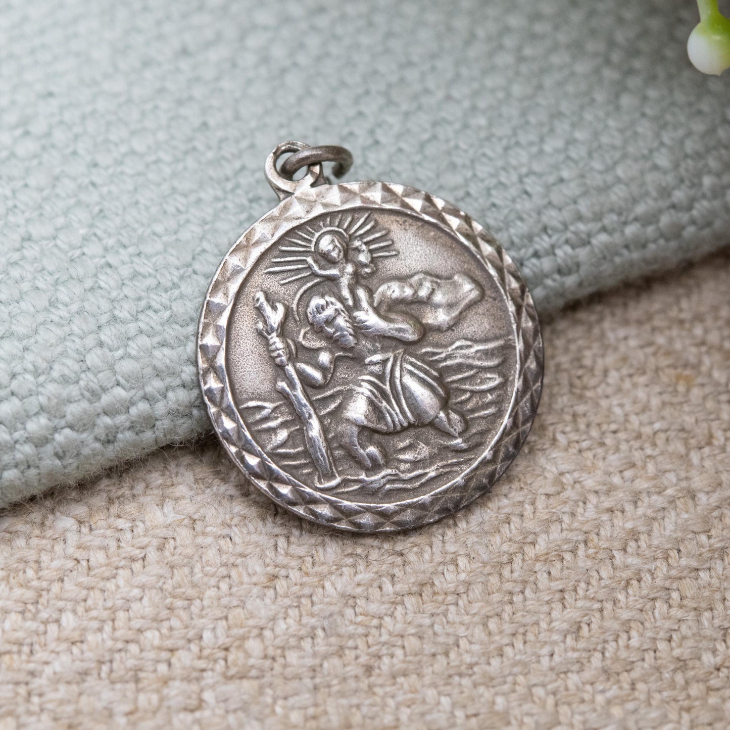Vintage Sterling Silver St. Christopher Pendant - Embossed Relief | Geometric Circle Border | Saint of Travelling | Gift for Charm Bracelet