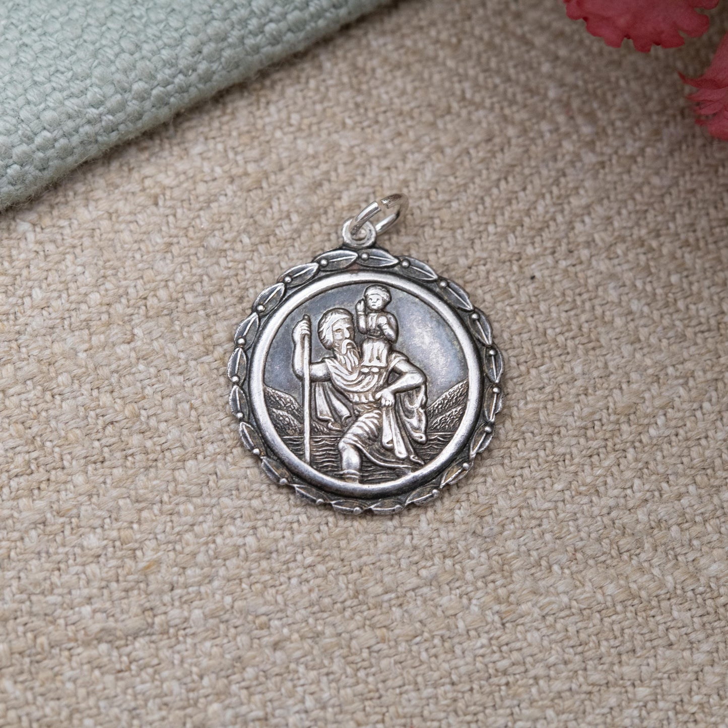 Vintage Sterling Silver St. Christopher Pendant - Embossed Relief | Detailed Circle Border | Saint of Travelling | Gift for Charm Bracelet