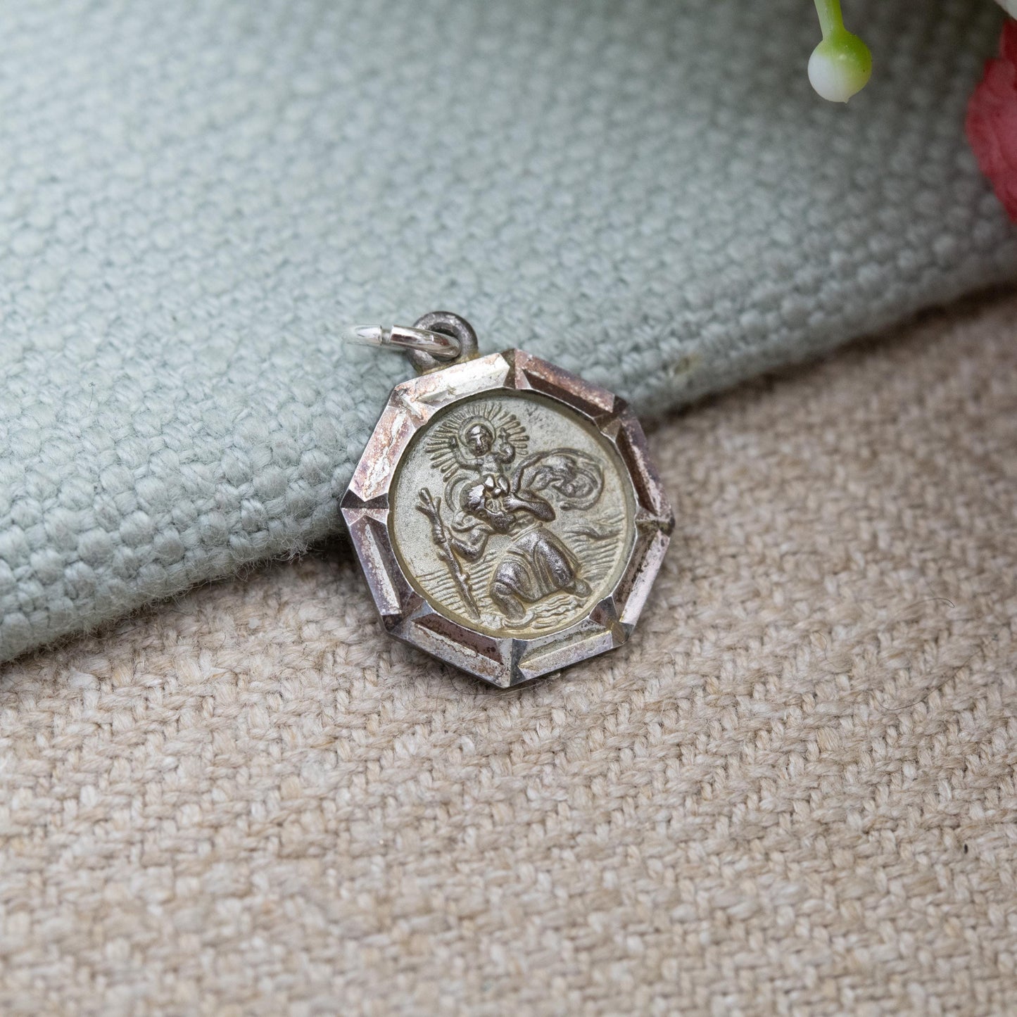Vintage Georg Jensen Sterling Silver St. Christopher Pendant - Embossed Relief | Geometric Octagon Border | Saint of Travelling