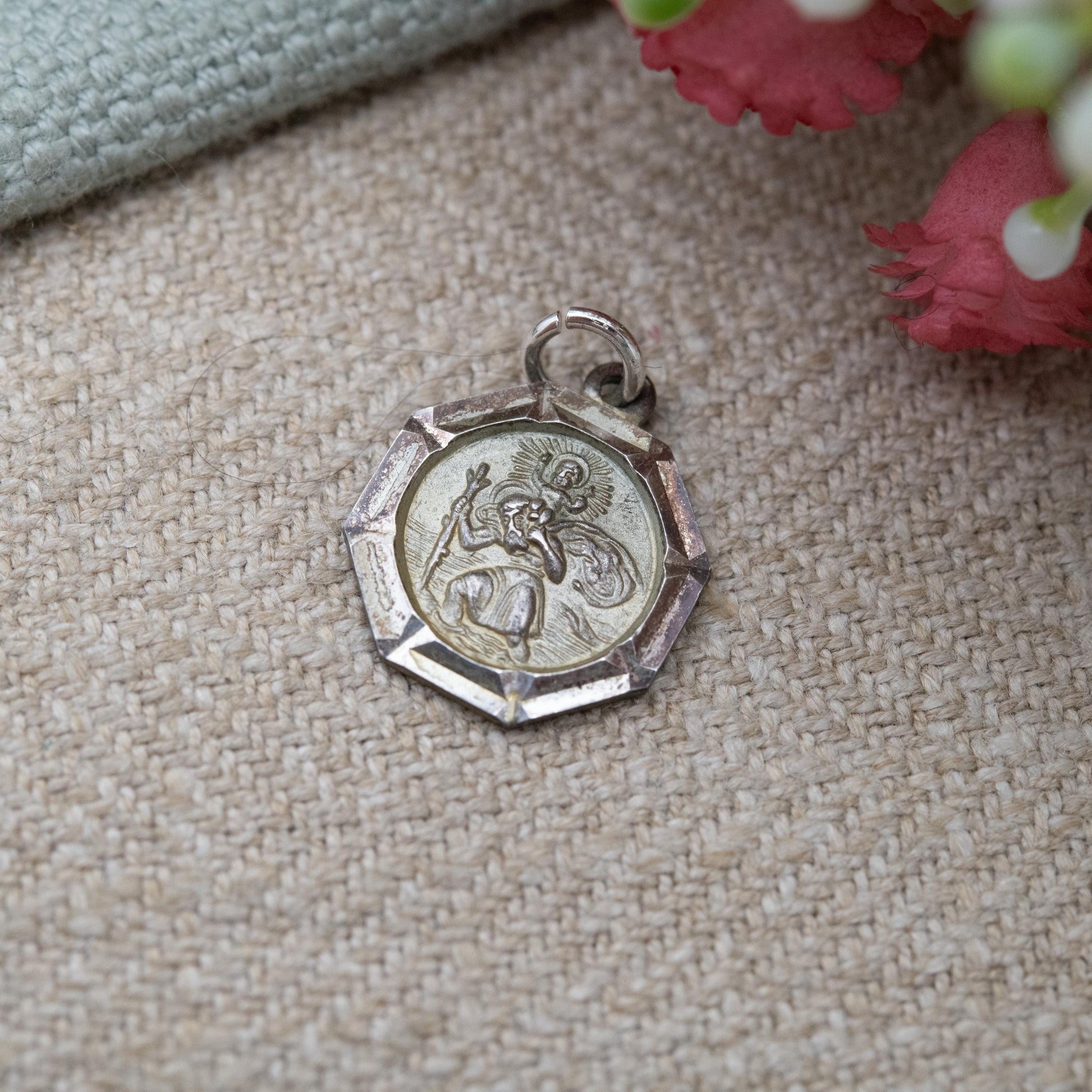 Vintage Georg Jensen Sterling Silver St. Christopher Pendant - Embossed Relief | Geometric Octagon Border | Saint of Travelling