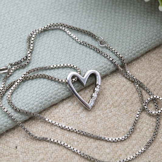 Sterling Silver and CZ Heart Locket Pendant and Necklace - Openwork Love Heart Shape | Box Link Chain | Pretty Gift for Her