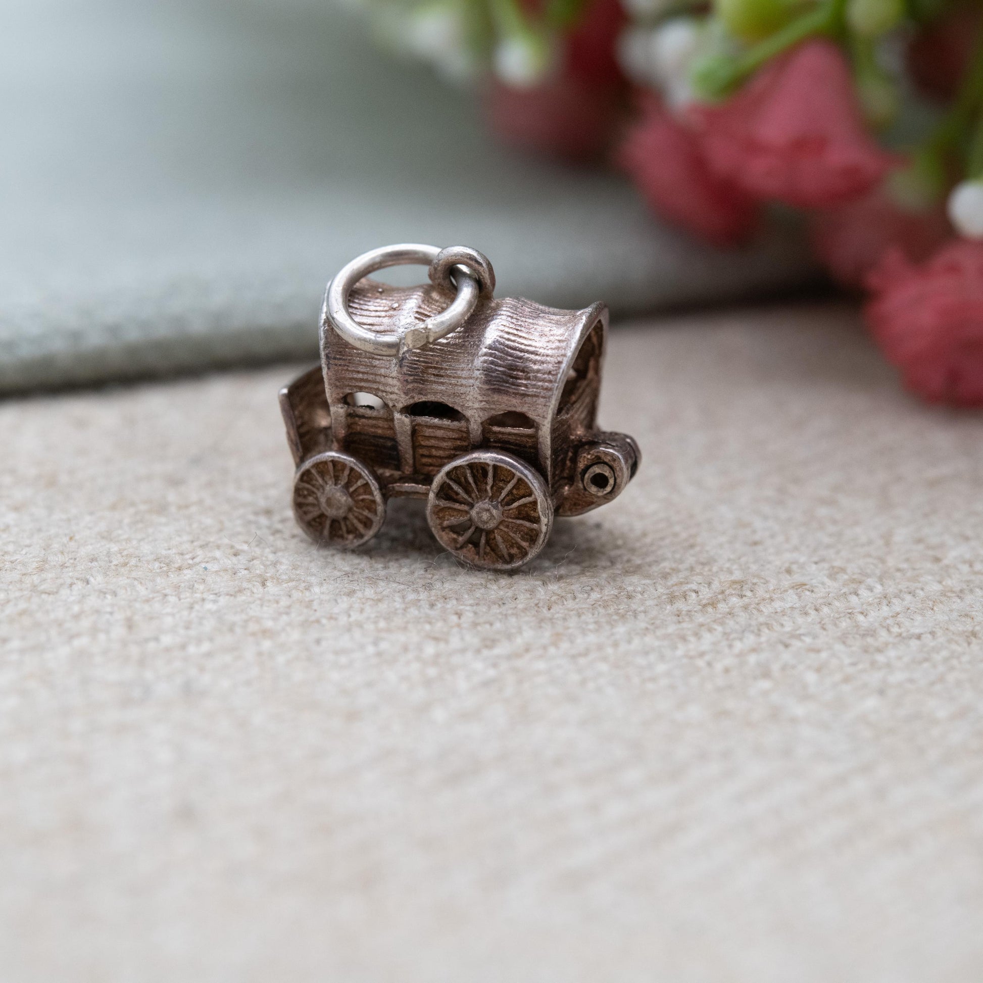 Vintage Silver and Enamel Opening Covered Wagon Charm Pendant - Pioneer Wagon | Wild West Gift for Charm Bracelet