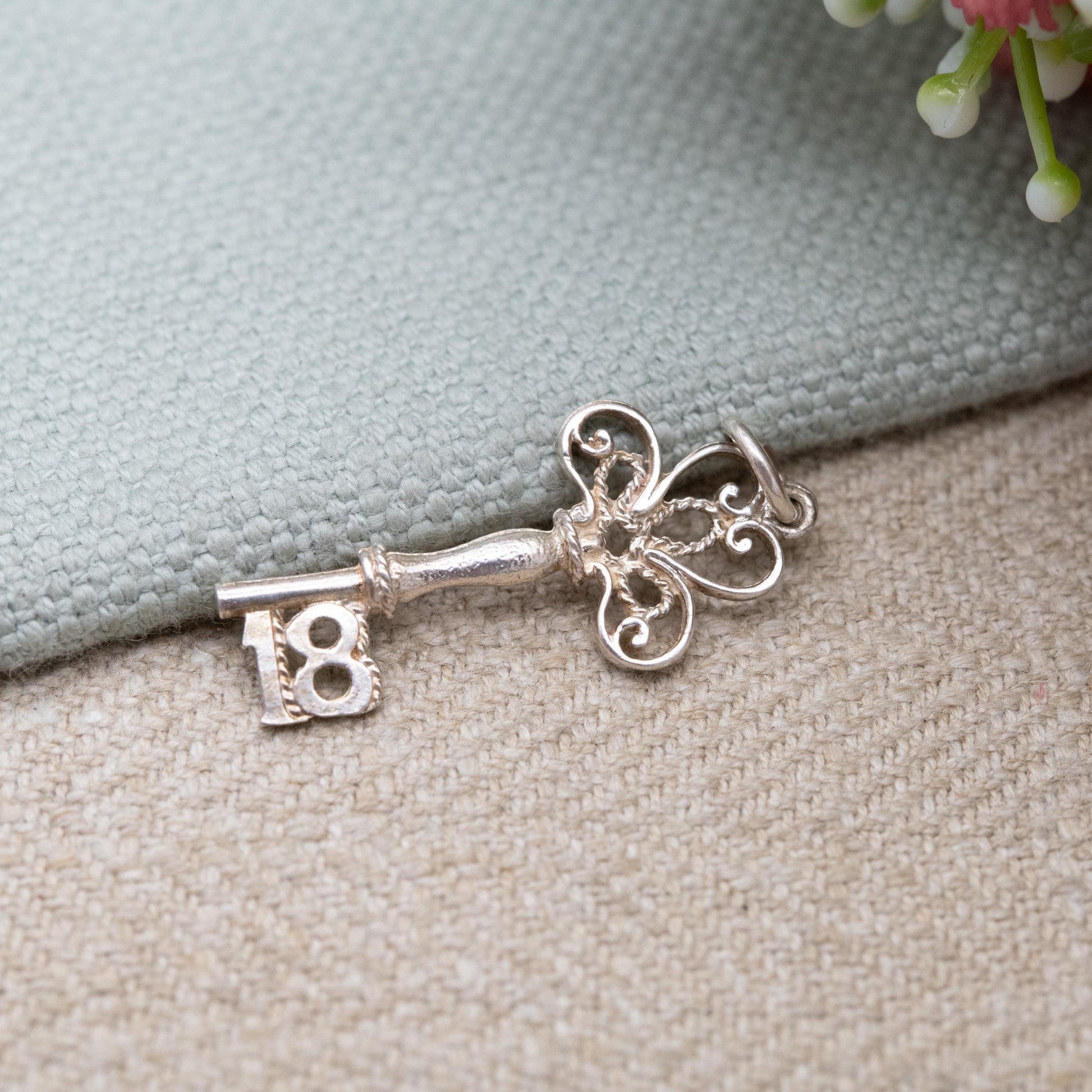 Vintage Sterling Silver 18 Key Charm Pendant - Birthday | Best Wishes | Door Lock | Souvenir Gift for Charm Bracelet