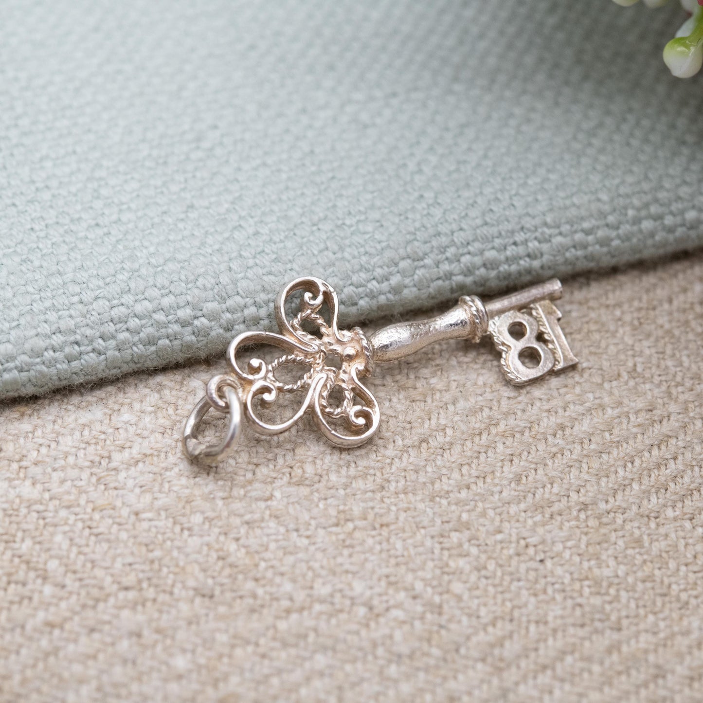 Vintage Sterling Silver 18 Key Charm Pendant - Birthday | Best Wishes | Door Lock | Souvenir Gift for Charm Bracelet