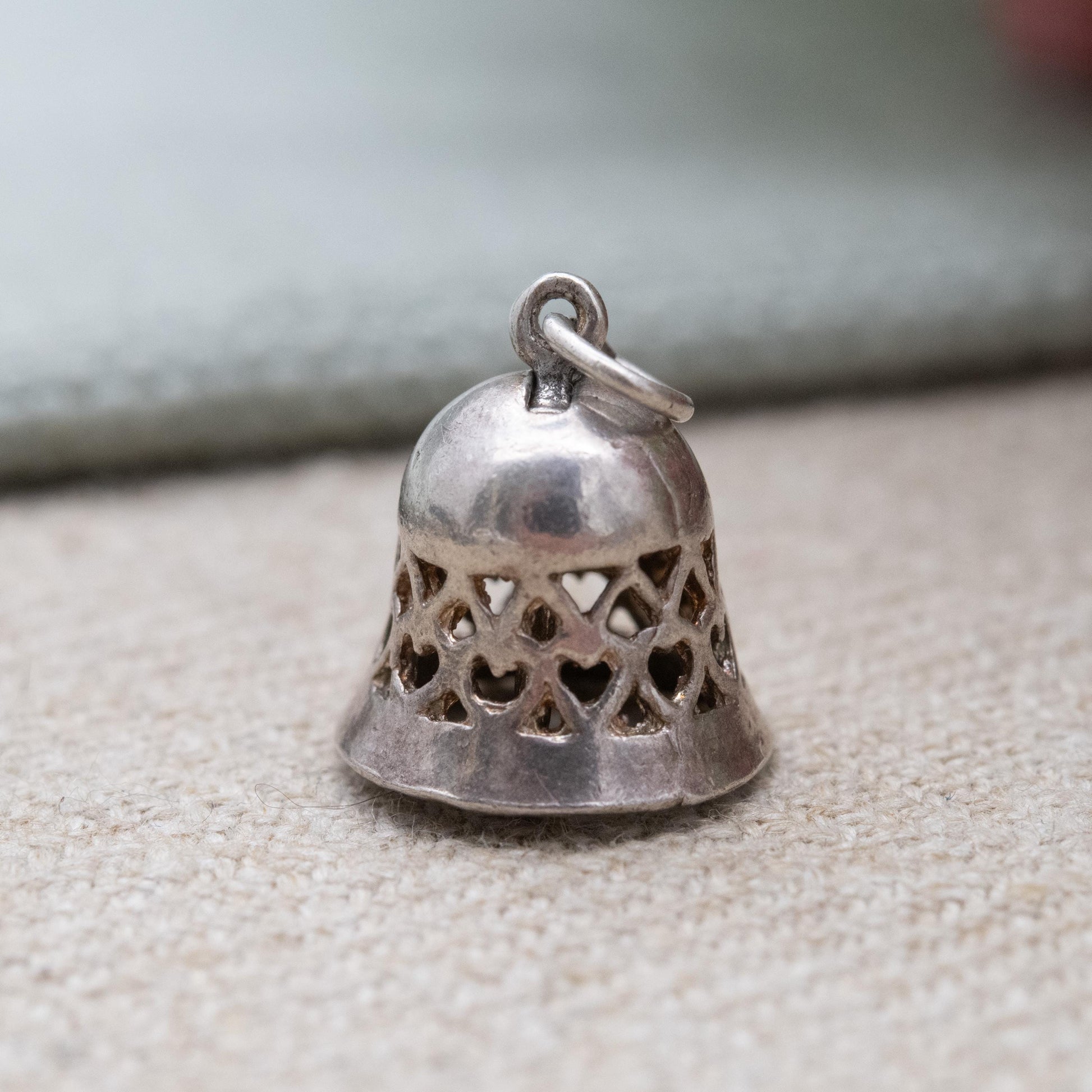 Vintage Sterling Silver Bell Charm Pendant - Openwork Love Heart Design with Moving Tongue Dangle | Gift for Charm Bracelet