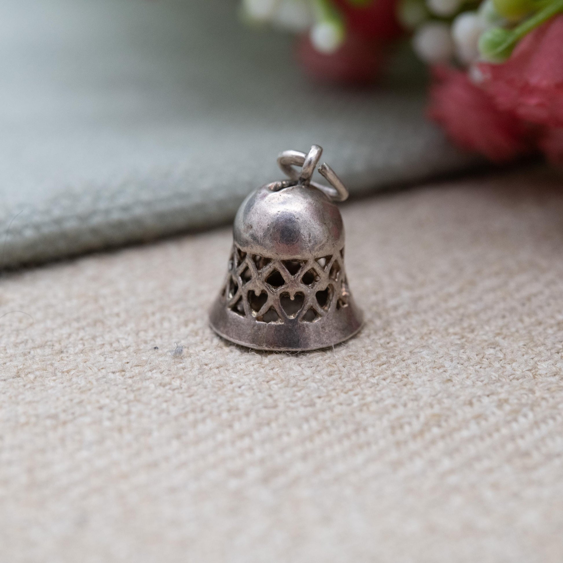 Vintage Sterling Silver Bell Charm Pendant - Openwork Love Heart Design with Moving Tongue Dangle | Gift for Charm Bracelet