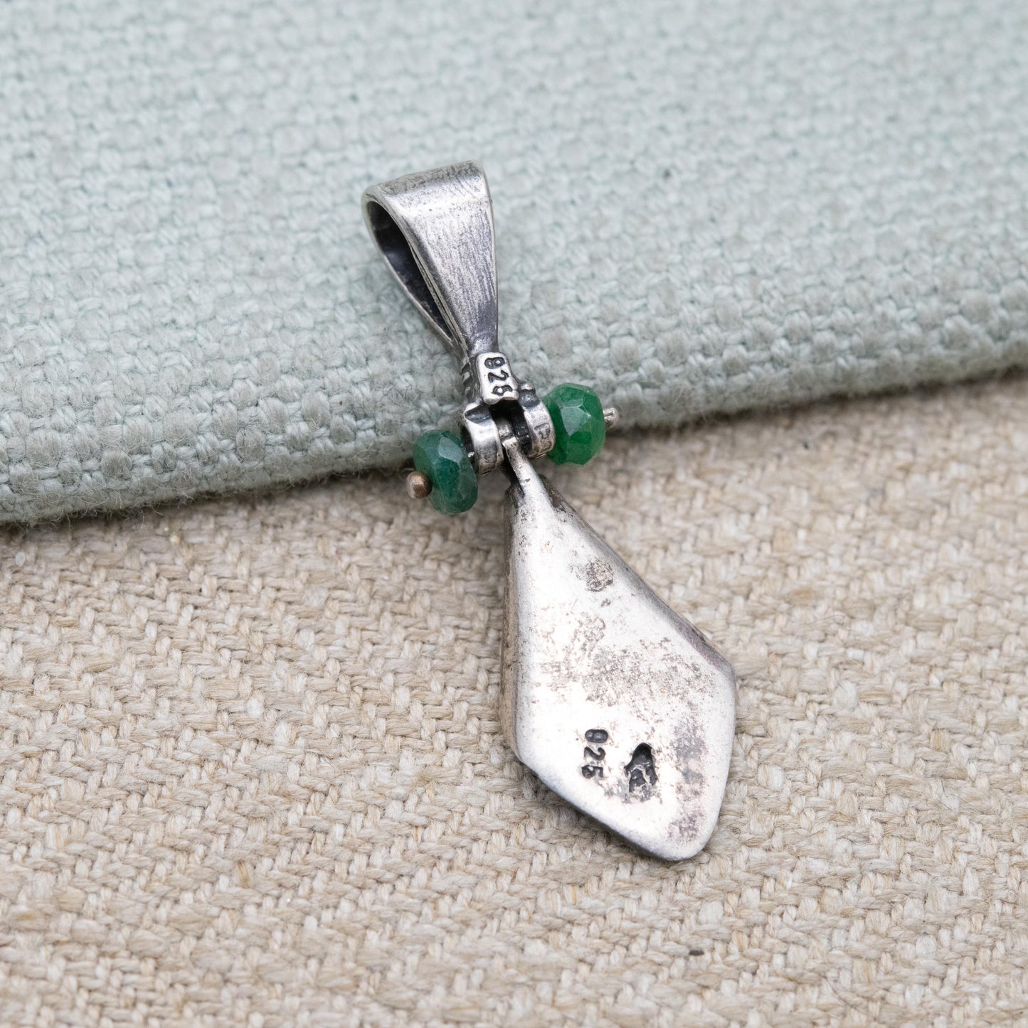 Vintage Sterling Silver Green Stone Pendant with Articulated Drop