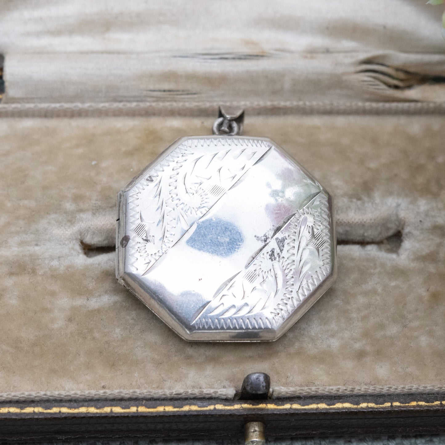 Vintage Sterling Silver Octagonal Locket Pendant with Engraved Scrolling