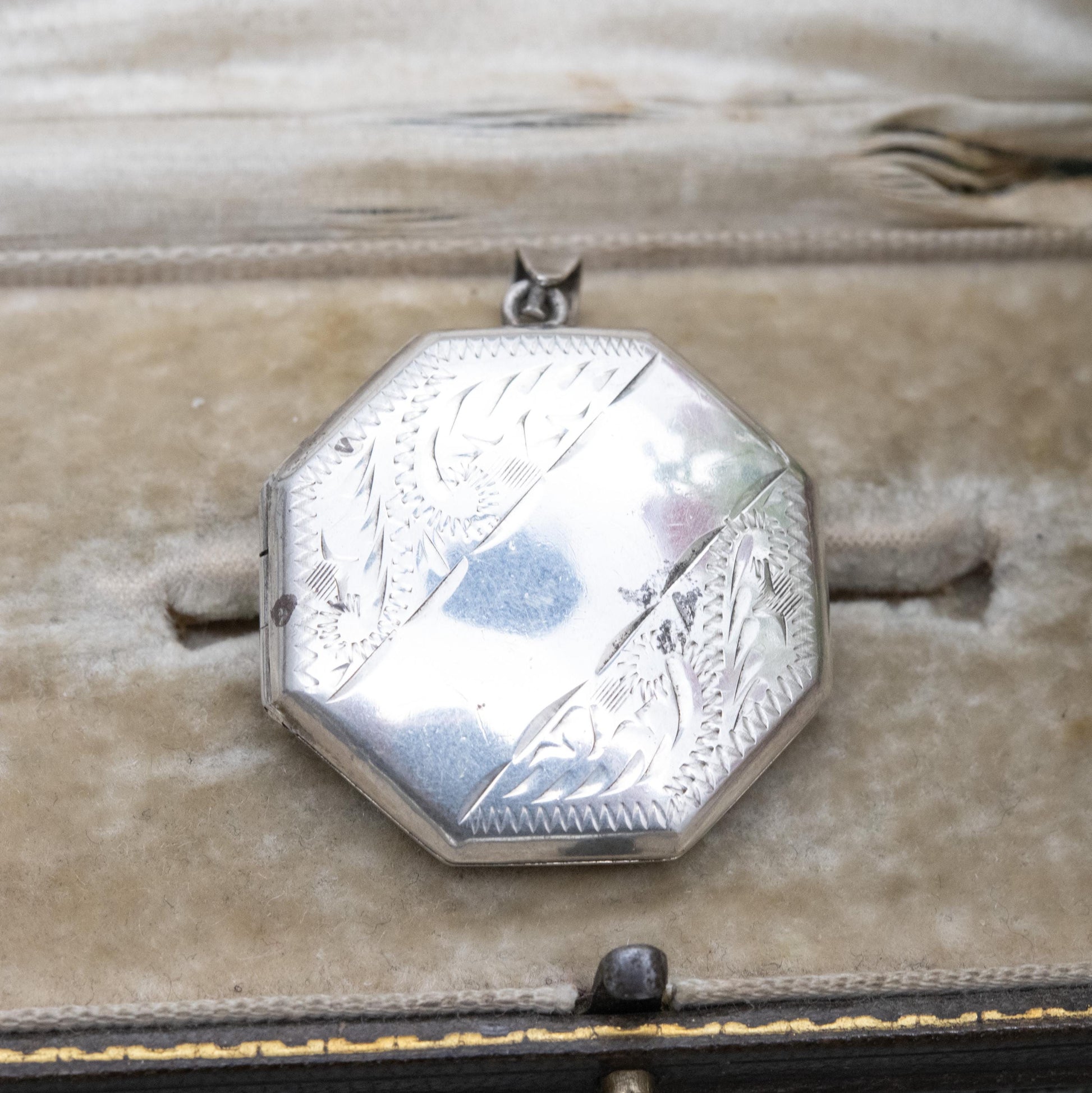 Vintage Sterling Silver Octagonal Locket Pendant with Engraved Scrolling