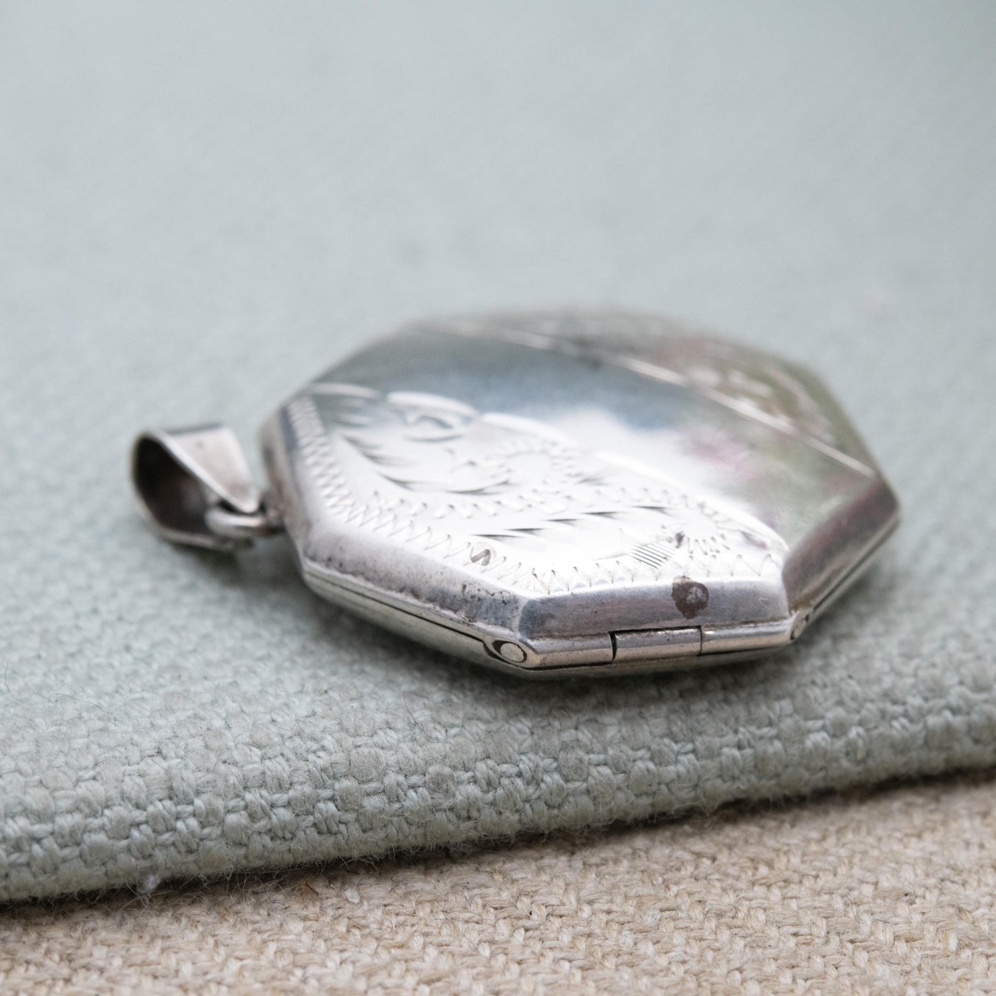 Vintage Sterling Silver Octagonal Locket Pendant with Engraved Scrolling