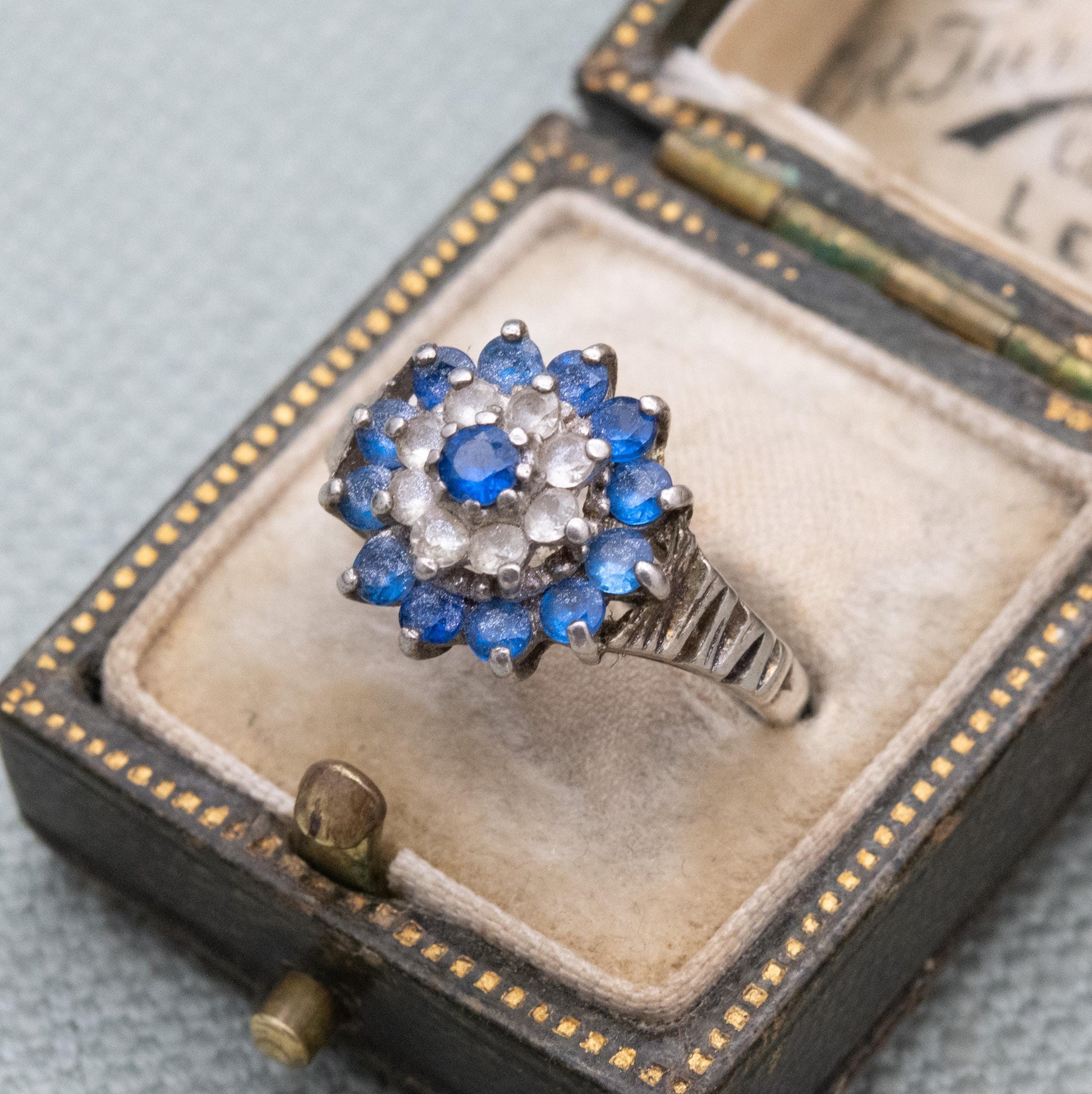 Vintage Sterling Silver Blue Stone Cluster Ring - Statement Sparkly Cocktail Ring | UK Size - L 1/2 | US Size - 6