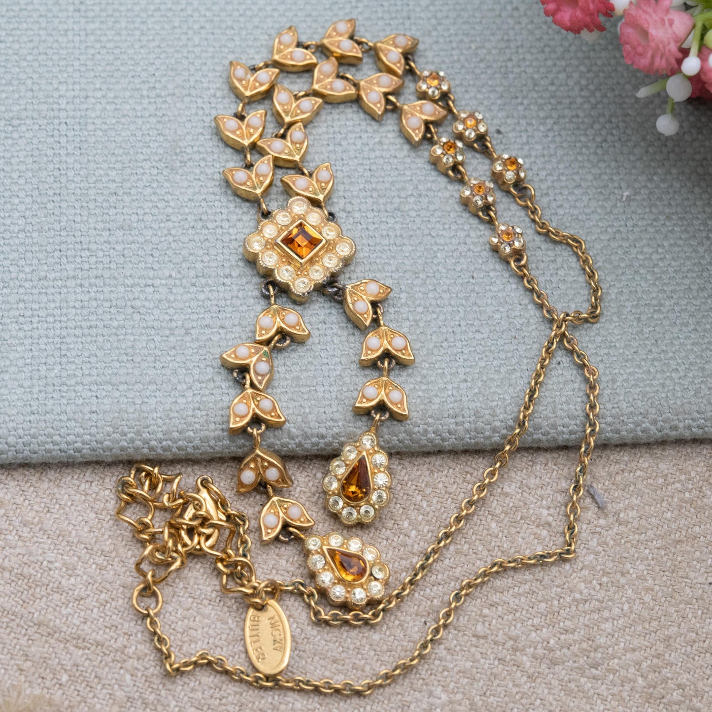 Vintage Nicky Butler Gold Tone Necklace with Leaf Drop Integral Pendant - Signed Designer Midcentury Costume Jewellery | 16" 18" Adjustable