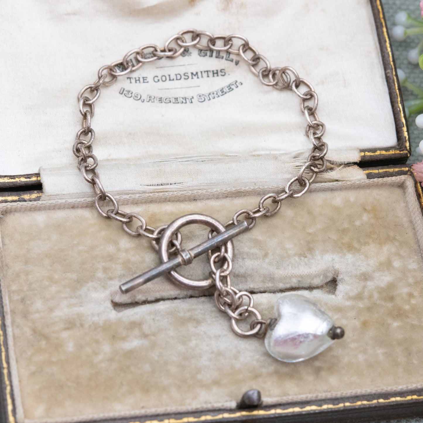 Sterling Silver Foil Glass Love Heart Pendant and Chain Link Bracelet - Romantic Gift for Her