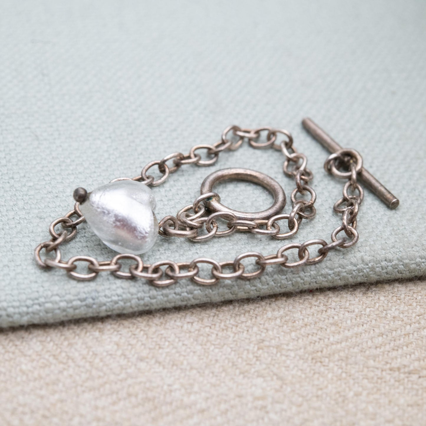 Sterling Silver Foil Glass Love Heart Pendant and Chain Link Bracelet - Romantic Gift for Her