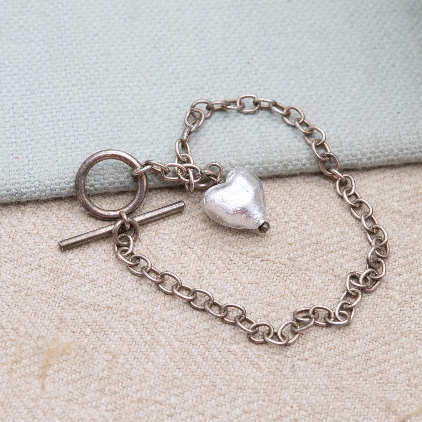 Sterling Silver Foil Glass Love Heart Pendant and Chain Link Bracelet - Romantic Gift for Her