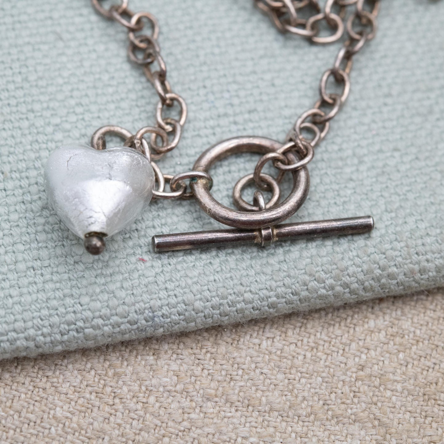 Sterling Silver Foil Glass Love Heart Pendant and Chain Link Bracelet - Romantic Gift for Her