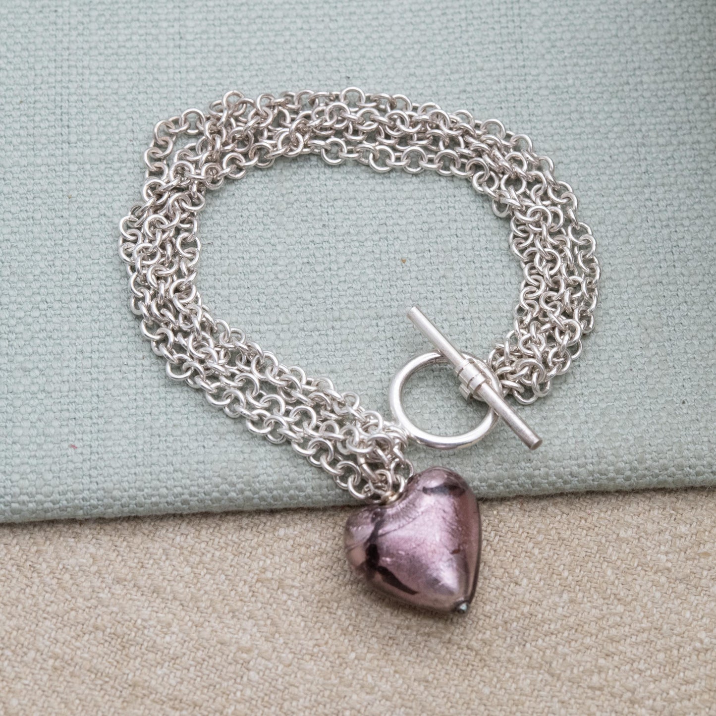Sterling Silver and Foiled Glass Love Heart Multi Strand Bracelet - Toggle Clasp | Romantic Gift for Her