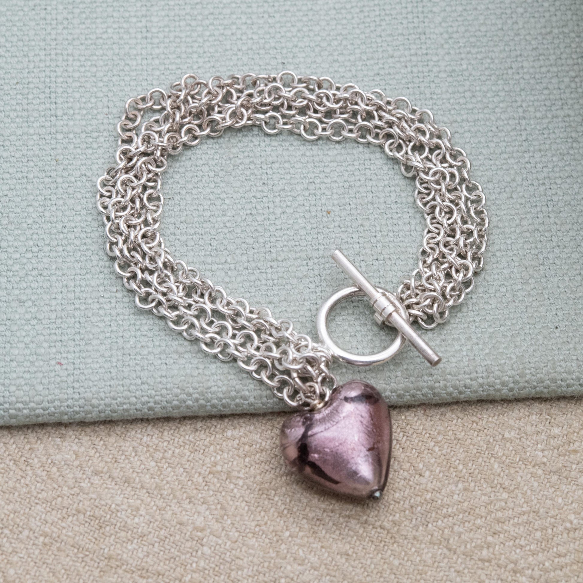 Sterling Silver and Foiled Glass Love Heart Multi Strand Bracelet - Toggle Clasp | Romantic Gift for Her