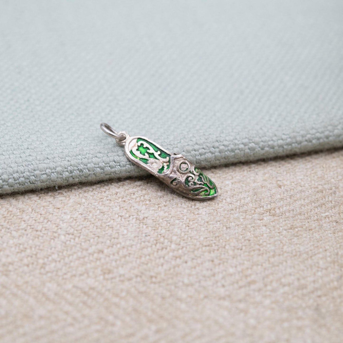 Vintage Sterling Silver and Green Enamel Slipper Shoe Charm Pendant - Traditional Shoe | Scrolling Detailed Slipper Gift for Charm Bracelet