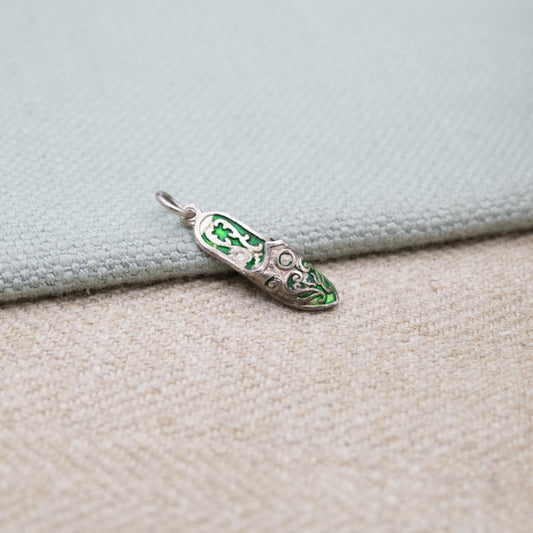 Vintage Sterling Silver and Green Enamel Slipper Shoe Charm Pendant - Traditional Shoe | Scrolling Detailed Slipper Gift for Charm Bracelet