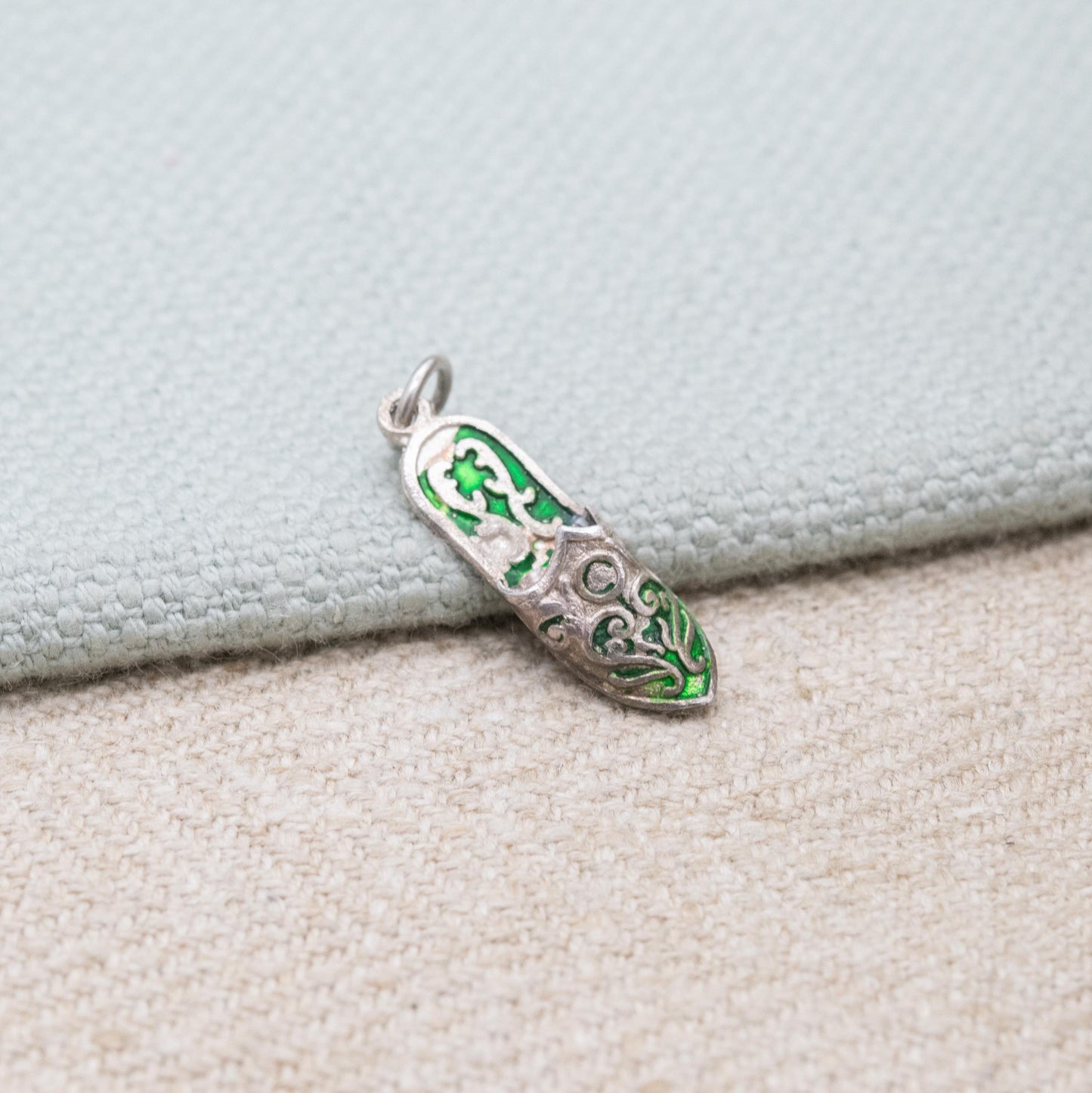 Vintage Sterling Silver and Green Enamel Slipper Shoe Charm Pendant - Traditional Shoe | Scrolling Detailed Slipper Gift for Charm Bracelet
