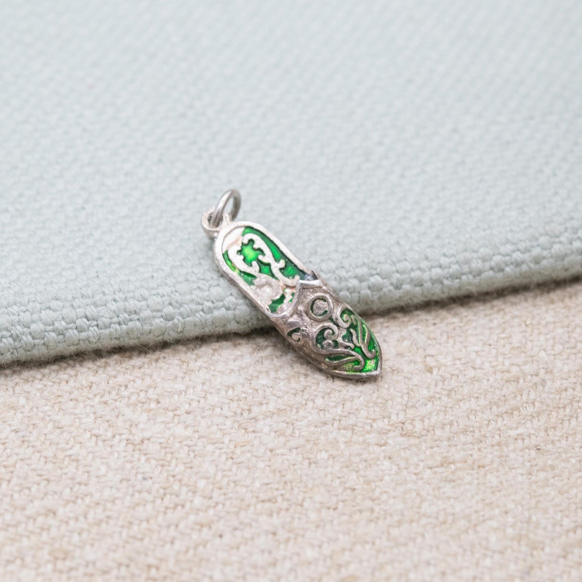 Vintage Sterling Silver and Green Enamel Slipper Shoe Charm Pendant - Traditional Shoe | Scrolling Detailed Slipper Gift for Charm Bracelet