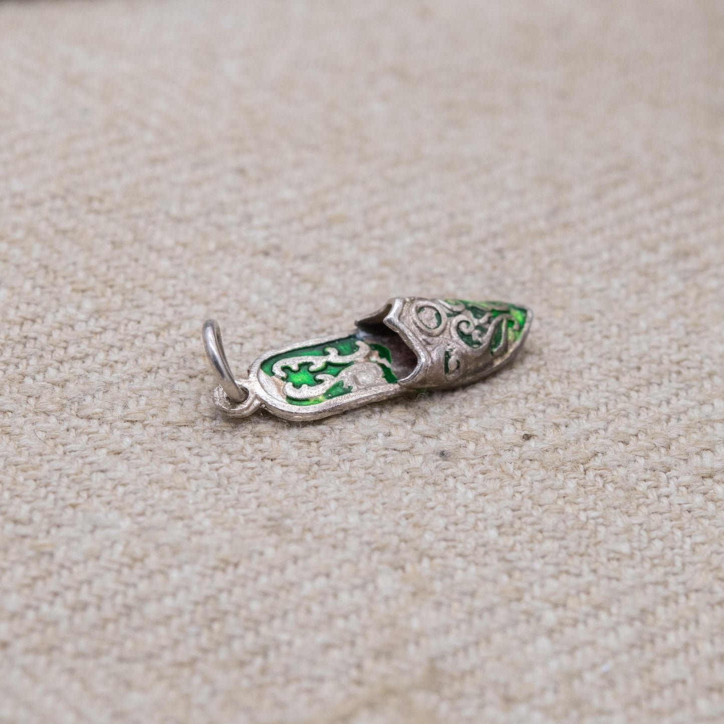 Vintage Sterling Silver and Green Enamel Slipper Shoe Charm Pendant - Traditional Shoe | Scrolling Detailed Slipper Gift for Charm Bracelet