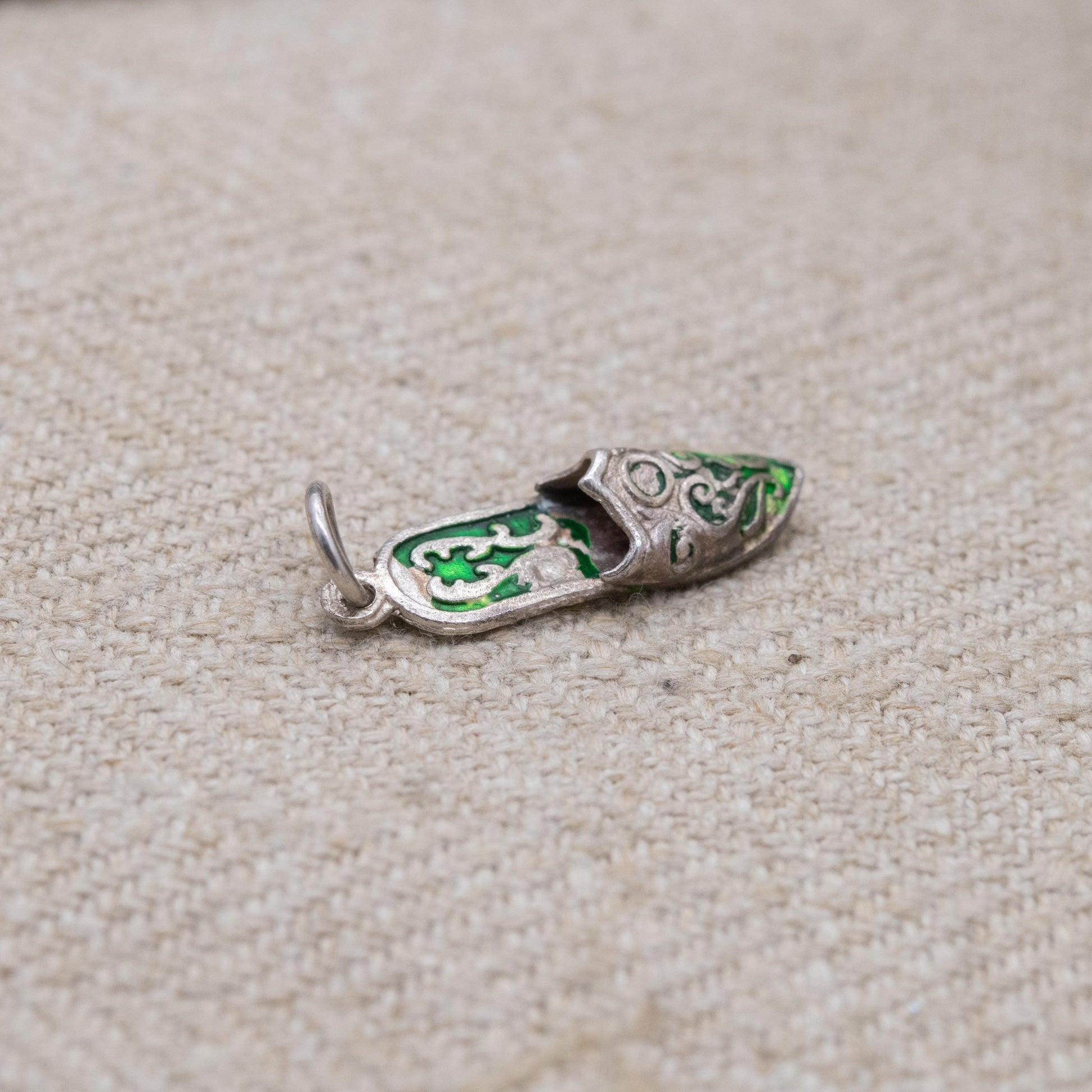 Vintage Sterling Silver and Green Enamel Slipper Shoe Charm Pendant - Traditional Shoe | Scrolling Detailed Slipper Gift for Charm Bracelet