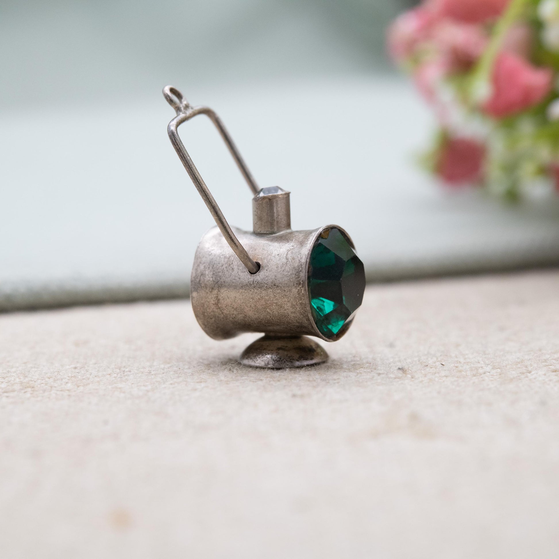 Vintage Sterling Silver Moving Lamp Charm Pendant - Old Fashioned Light | Red White and Green Glass | Gift for Charm Bracelet