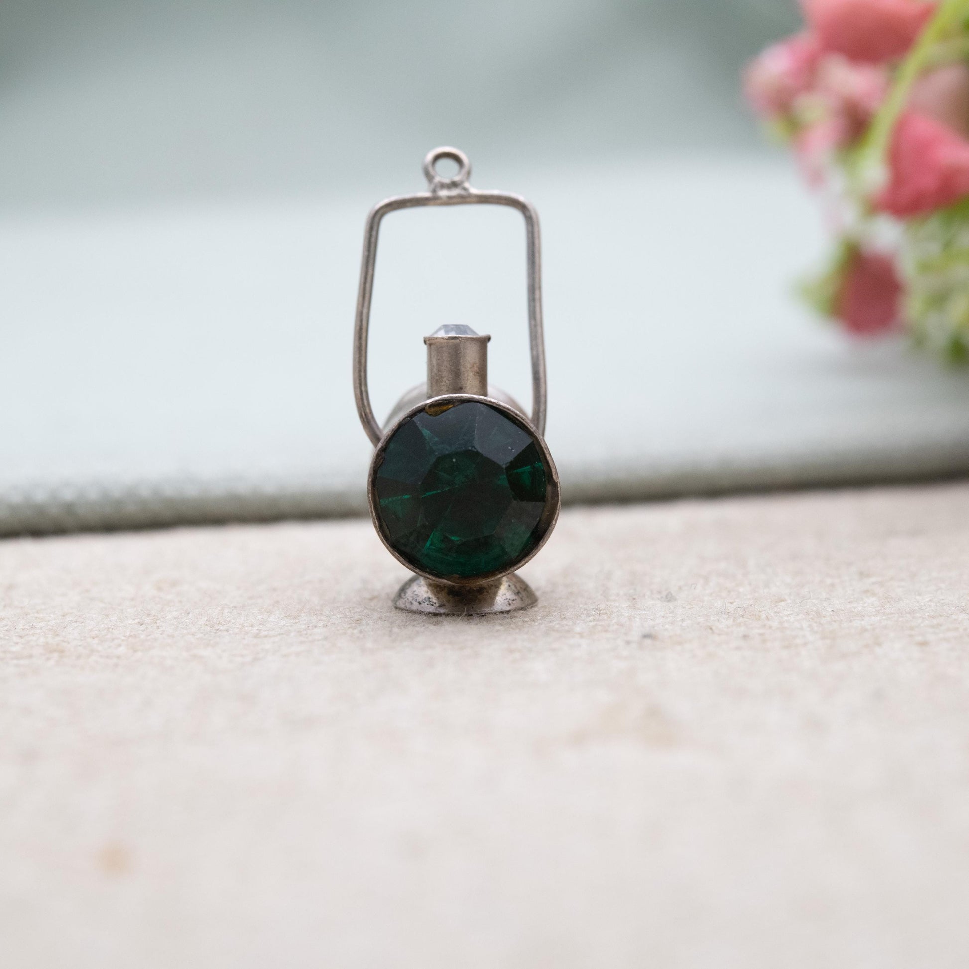 Vintage Sterling Silver Moving Lamp Charm Pendant - Old Fashioned Light | Red White and Green Glass | Gift for Charm Bracelet