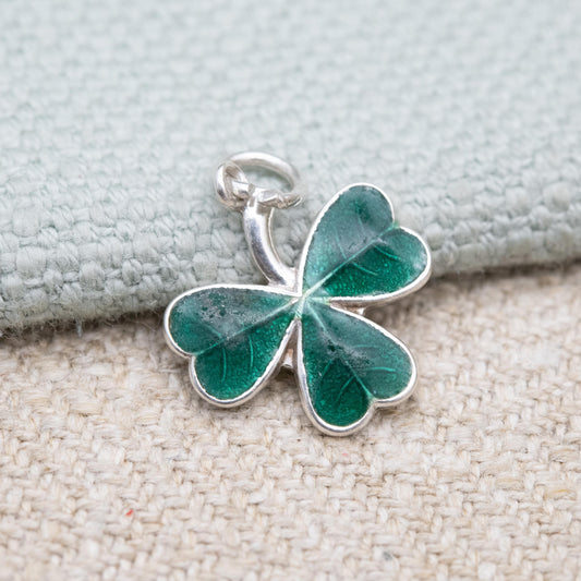 Vintage Sterling Silver Enamel Shamrock Charm Pendant - Three Leaf Clover Shape | Forest Green Mid-Century Irish Gift