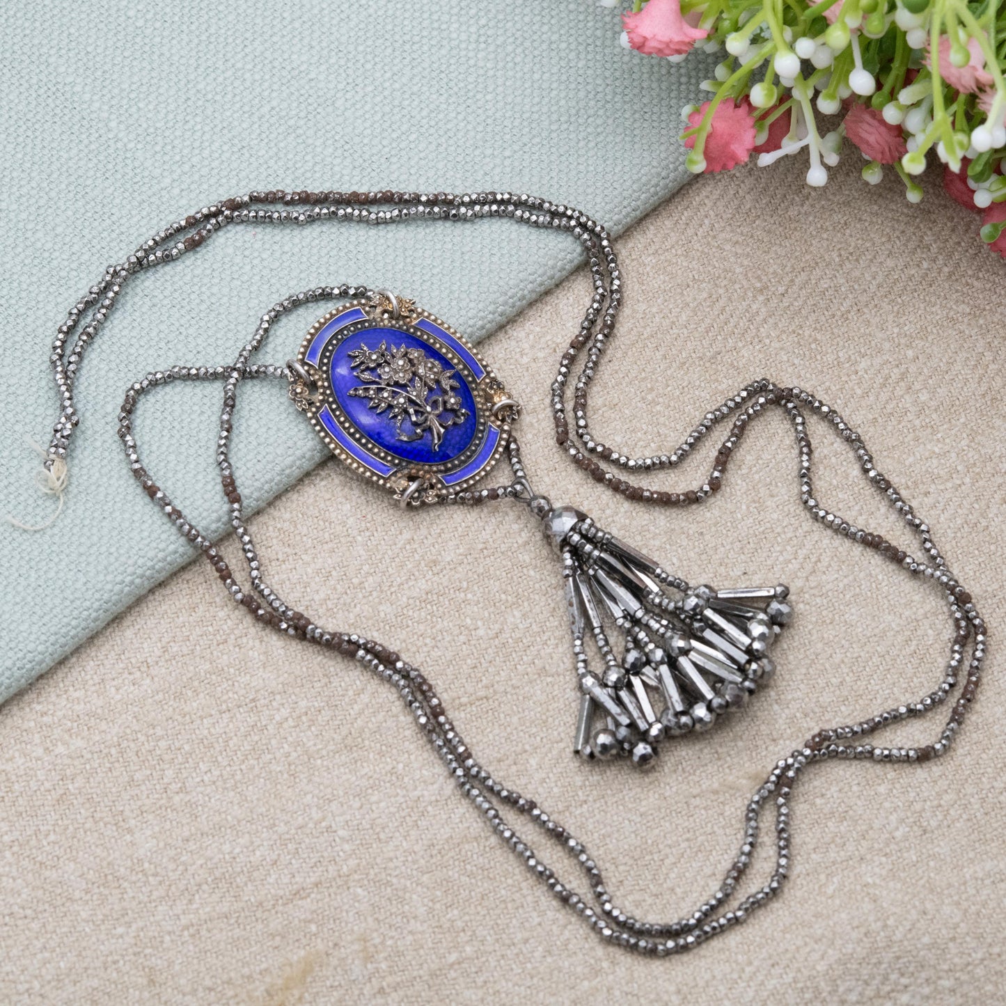 Antique Cut Steel Enamel Necklace with Tassel Drop Pendant c. 19th Century