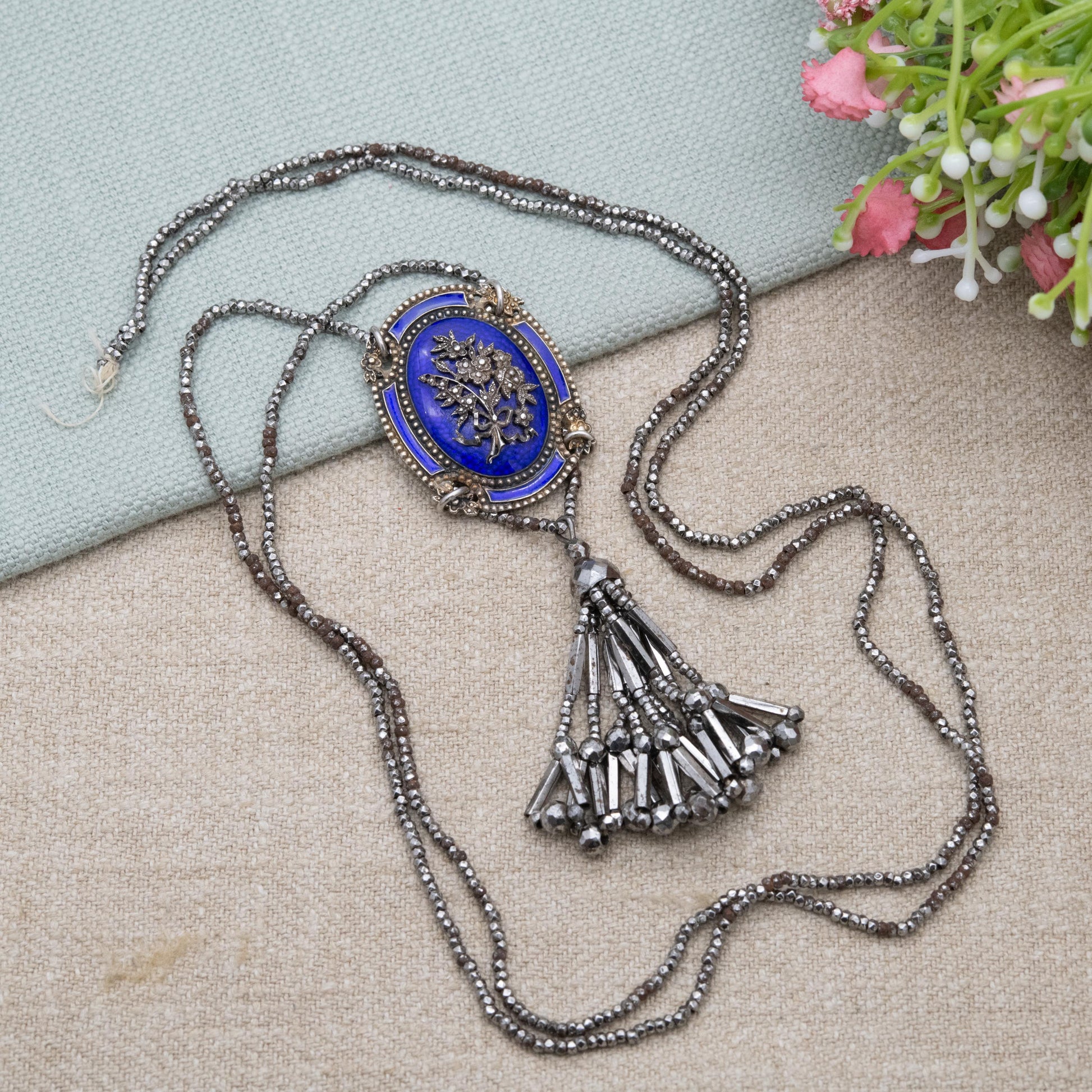 Antique Cut Steel Enamel Necklace with Tassel Drop Pendant c. 19th Century