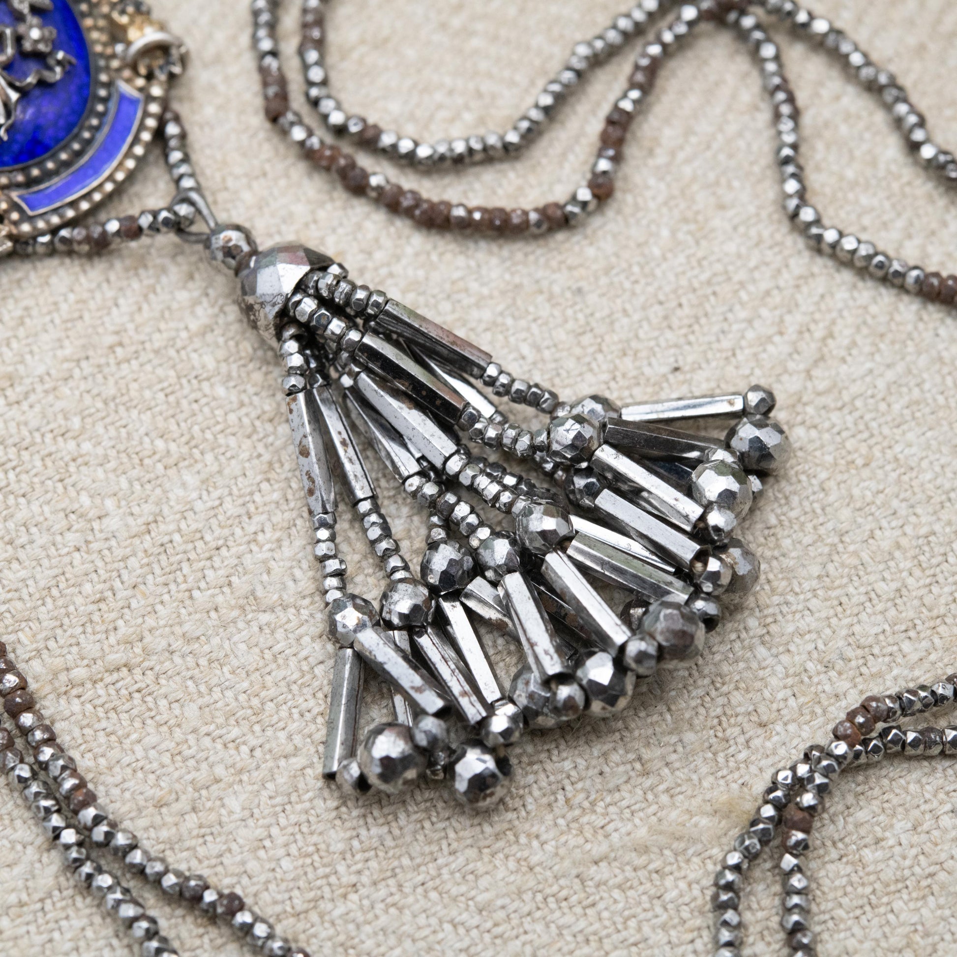 Antique Cut Steel Enamel Necklace with Tassel Drop Pendant c. 19th Century