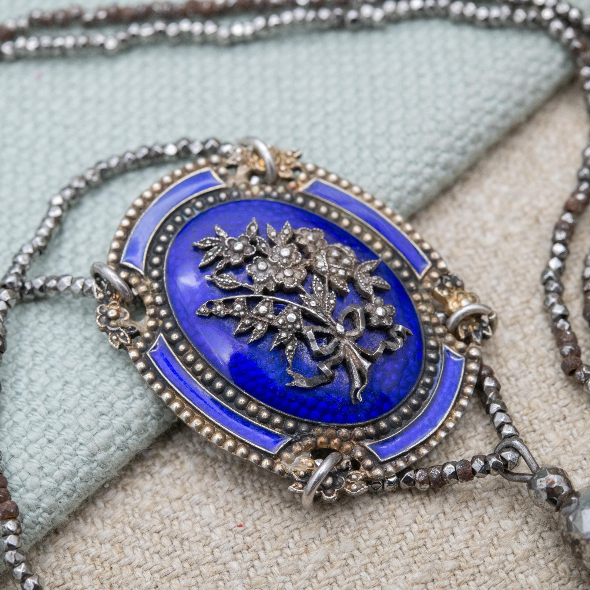 Antique Cut Steel Enamel Necklace with Tassel Drop Pendant c. 19th Century