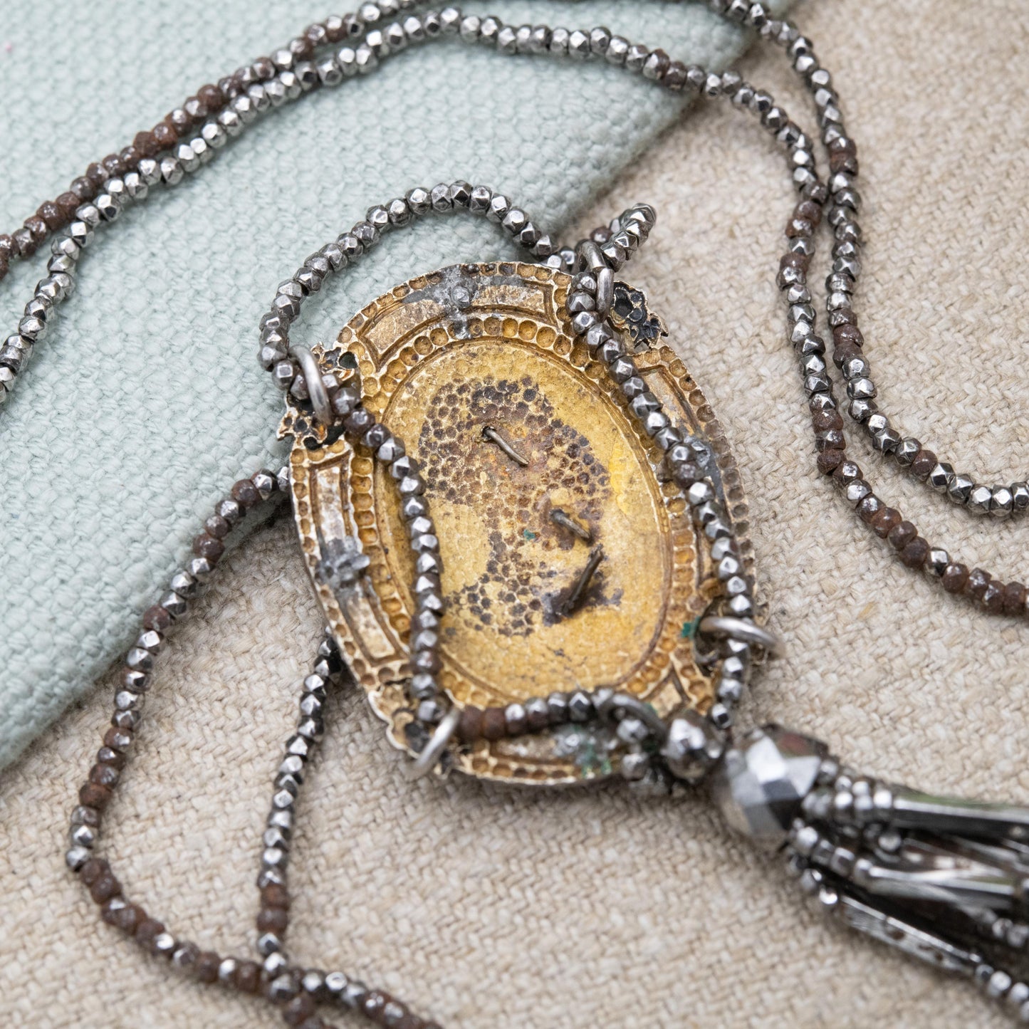 Antique Cut Steel Enamel Necklace with Tassel Drop Pendant c. 19th Century