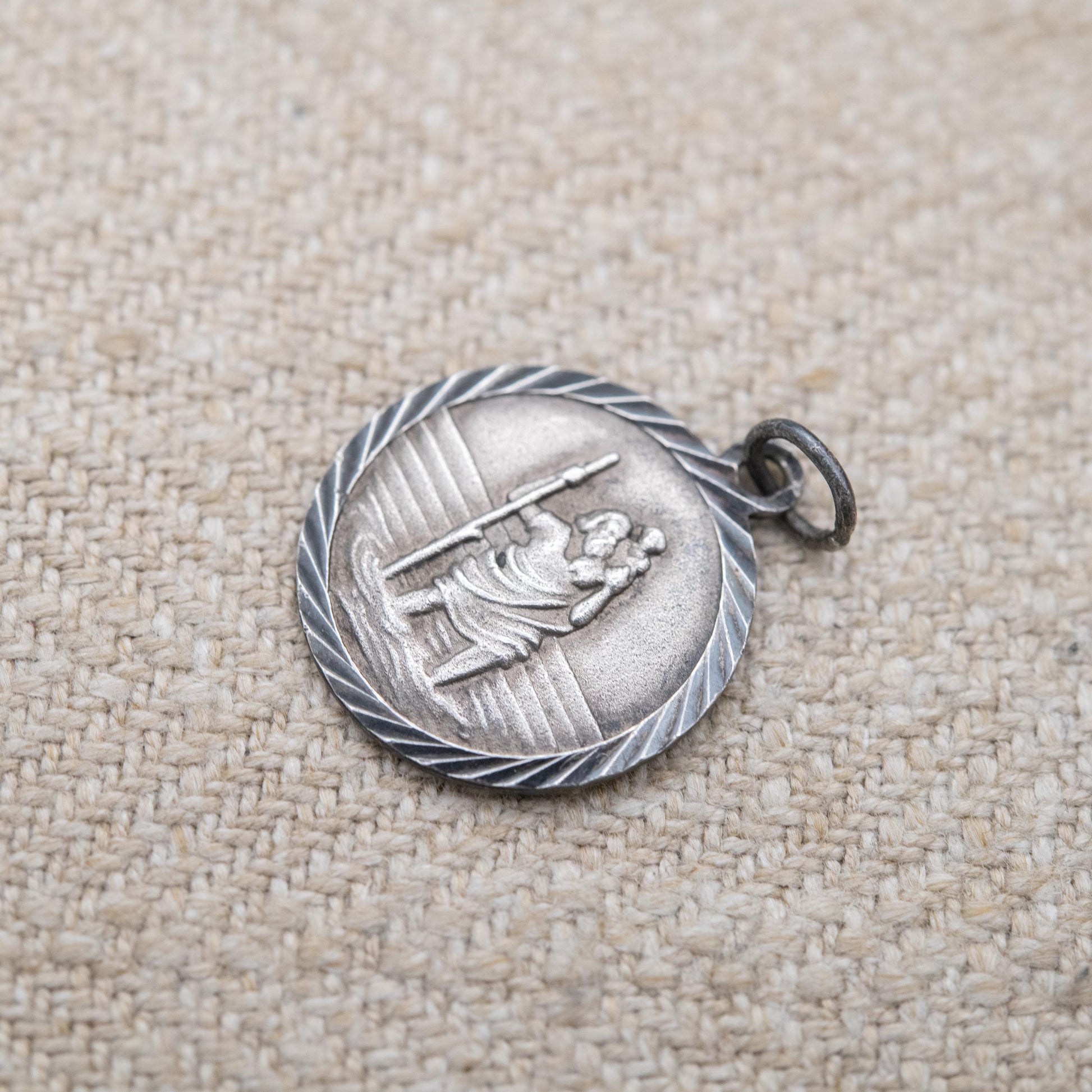 Vintage Sterling Silver St. Christopher Pendant - Embossed Relief and Textured Landscape | Saint of Travelling | Gift for Charm Bracelet