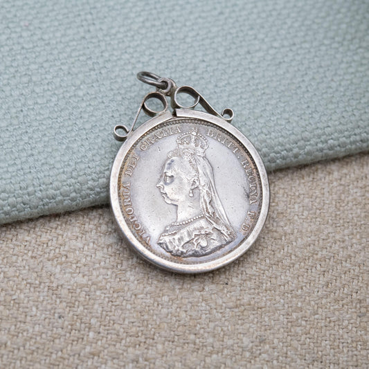 Antique Victorian 1887 One Shilling Coin Pendant