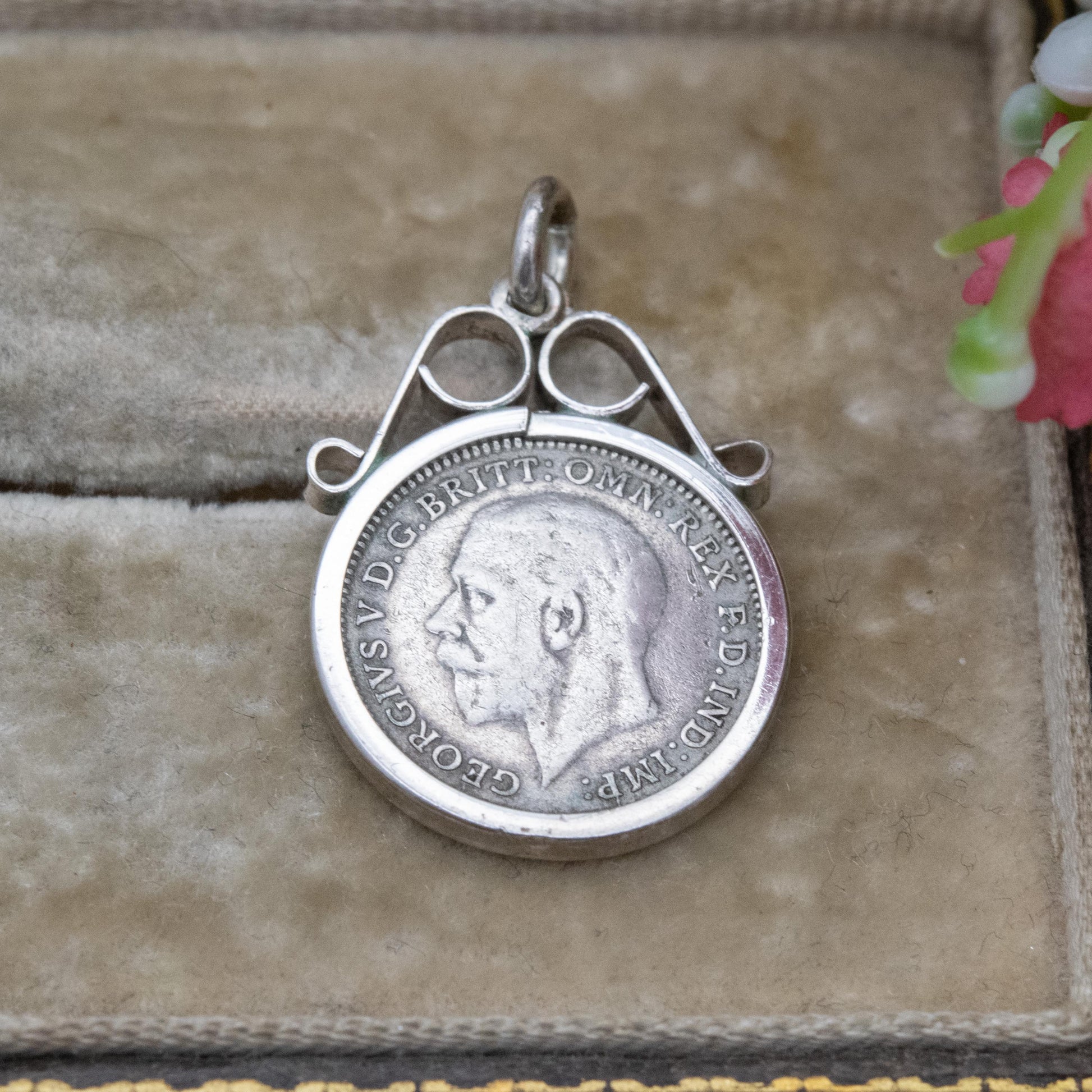 Vintage George V Threepence Coin Pendant Charm - Openwork Scrolling Mount | Collectable Pendant