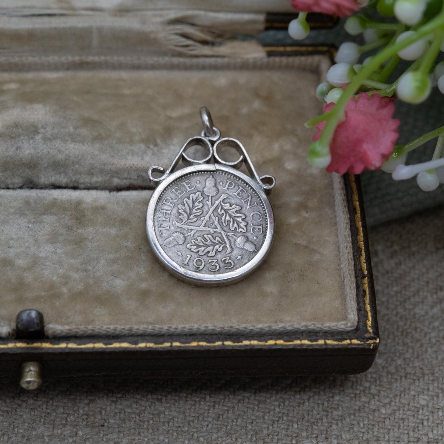 Vintage George V Threepence Coin Pendant Charm - Openwork Scrolling Mount | Collectable Pendant