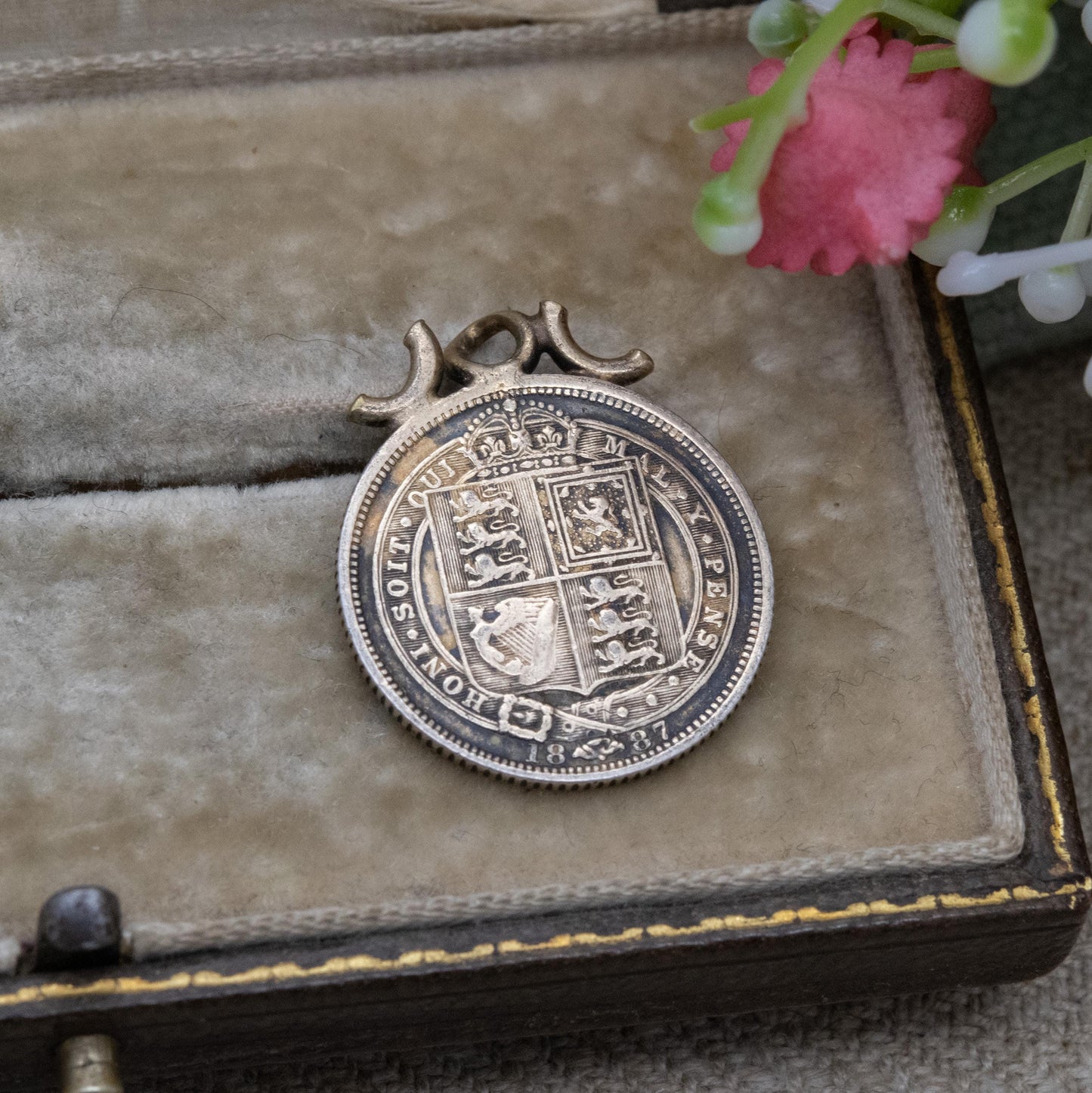 Antique 1887 Victoria Shilling Coin Charm Pendant - Openwork Scrolling Mount | Collectable Pendant