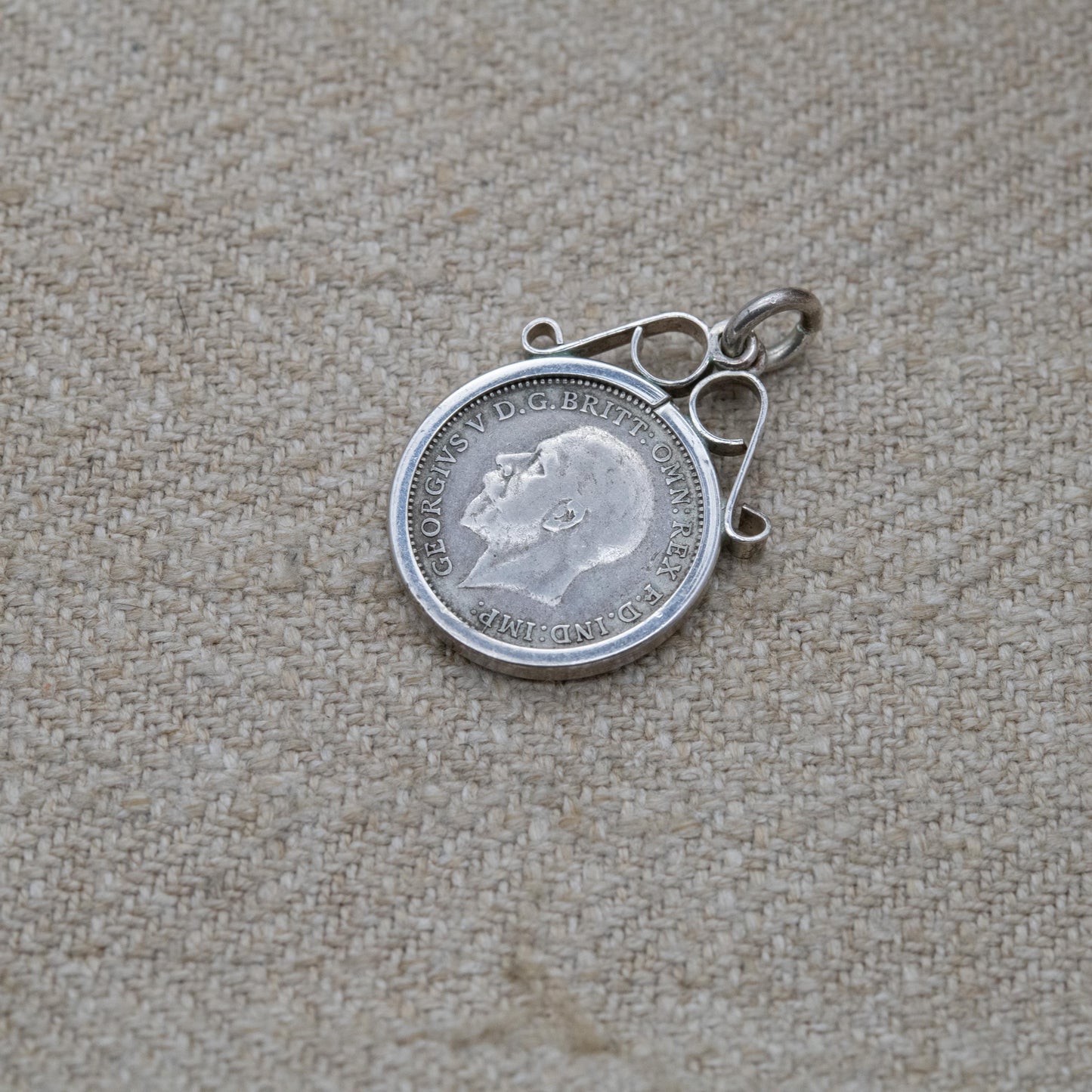 Vintage George V Threepence Coin Pendant Charm - Openwork Scrolling Mount | Collectable Pendant