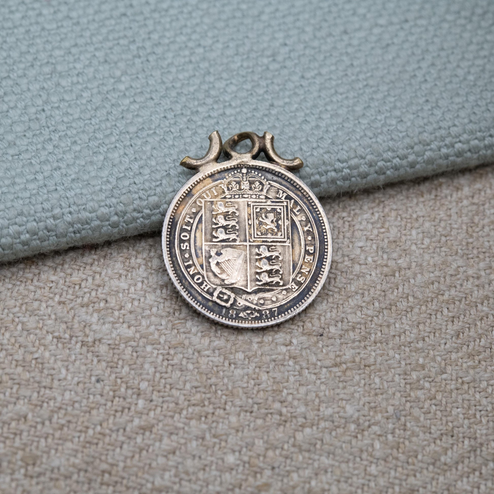 Antique 1887 Victoria Shilling Coin Charm Pendant - Openwork Scrolling Mount | Collectable Pendant