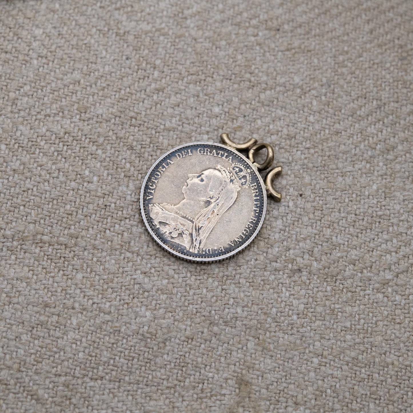Antique 1887 Victoria Shilling Coin Charm Pendant - Openwork Scrolling Mount | Collectable Pendant