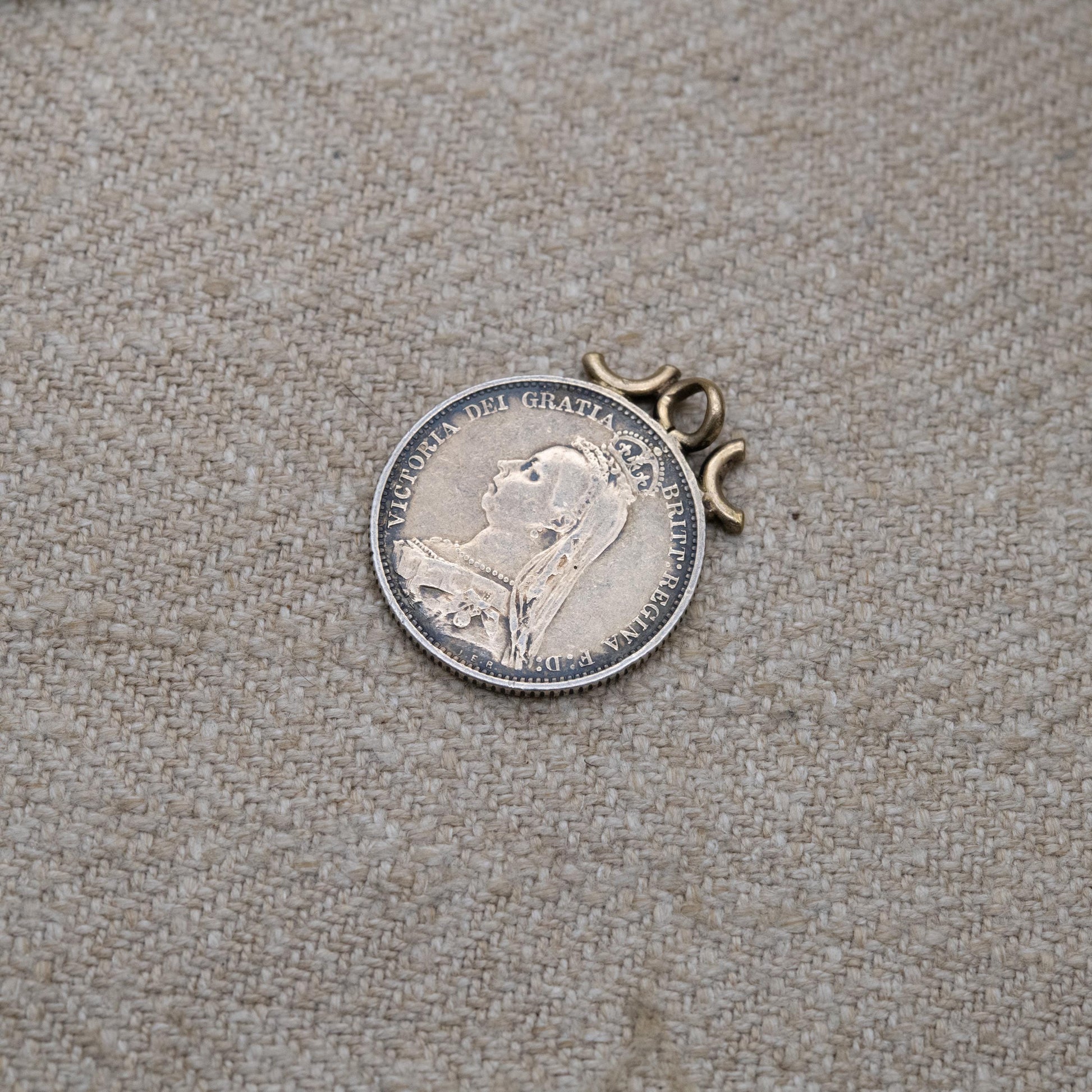 Antique 1887 Victoria Shilling Coin Charm Pendant - Openwork Scrolling Mount | Collectable Pendant