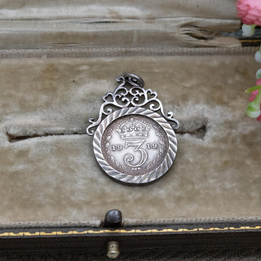 Antique 1919 George V Threepence Coin Pendant Charm - Openwork Scrolling Love Heart Mount | Collectable Pendant