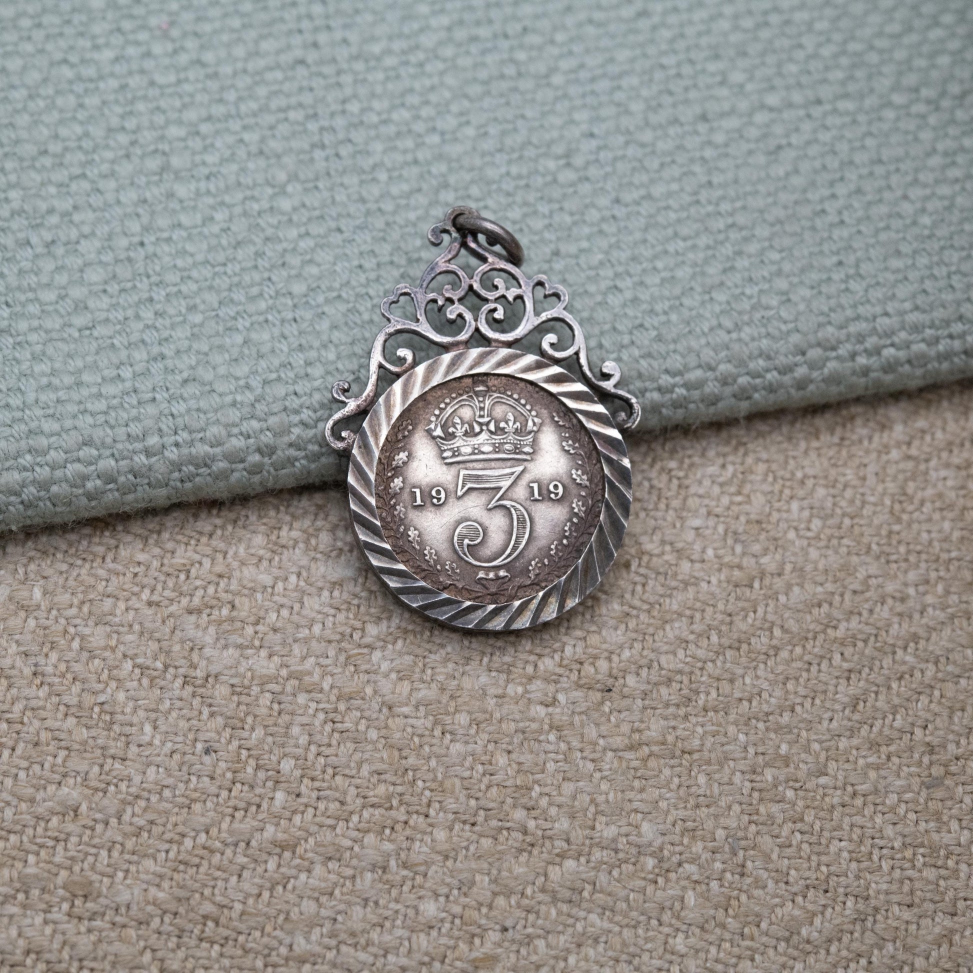 Antique 1919 George V Threepence Coin Pendant Charm - Openwork Scrolling Love Heart Mount | Collectable Pendant